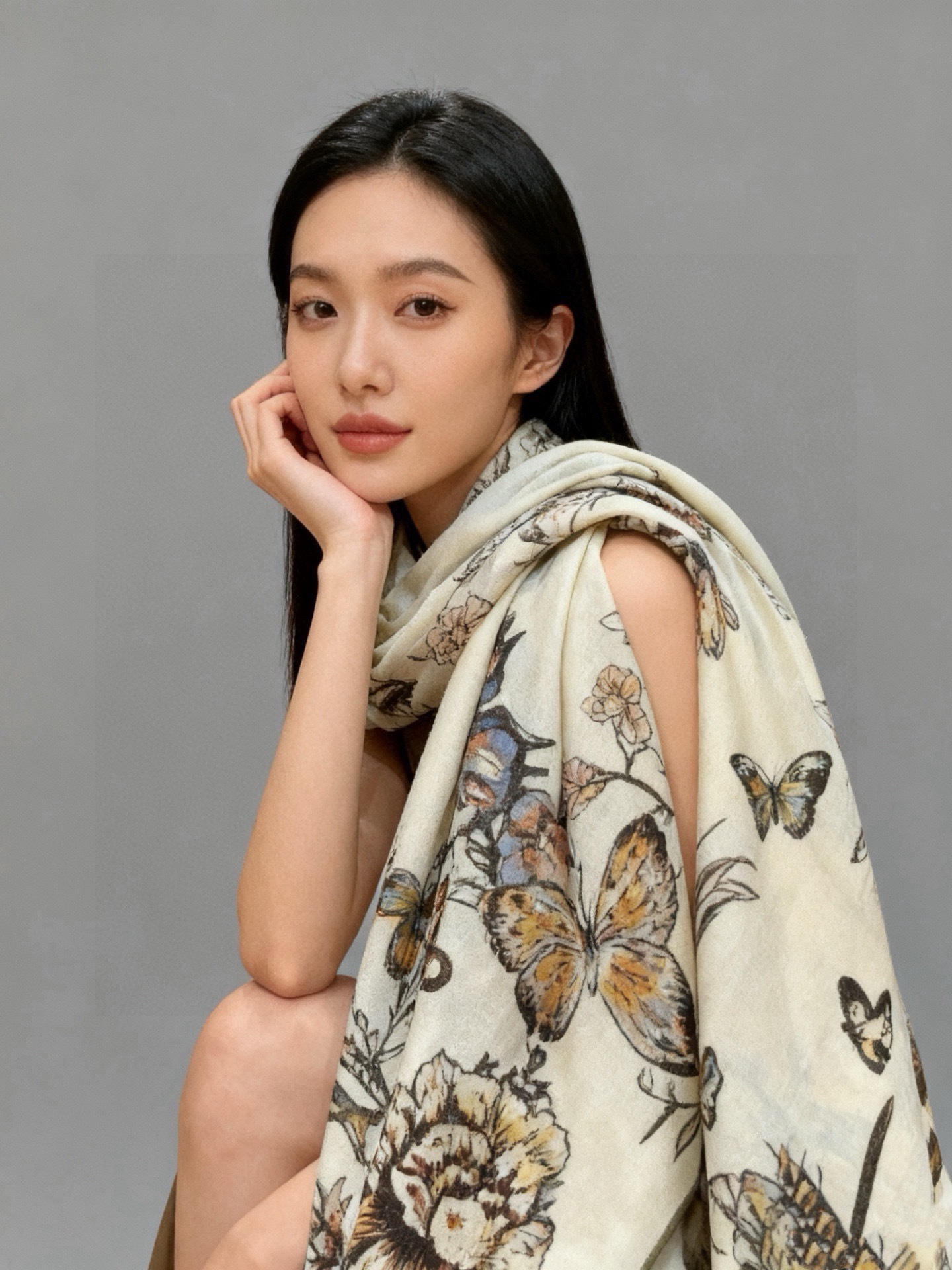 这款披肩饰以 Dior Camo PaPillon 图案，以优雅而诗意的设计全新演绎蝴蝶主题。采用真丝羊