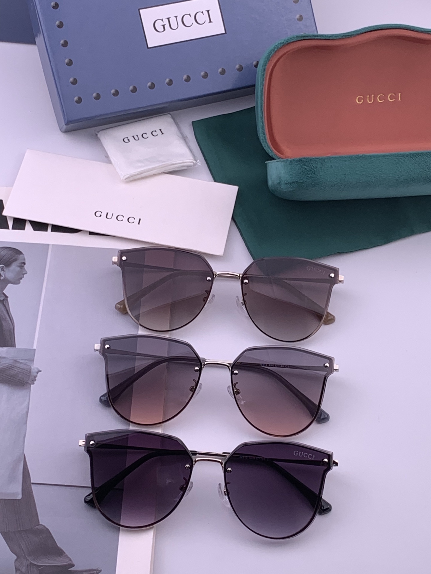 GUCCI 开春新款 最新款无框太阳镜 各路网红纷纷带起气场满分‼️ 俏皮甜美.上脸效果更佳.金属质感超好 型号：G52
