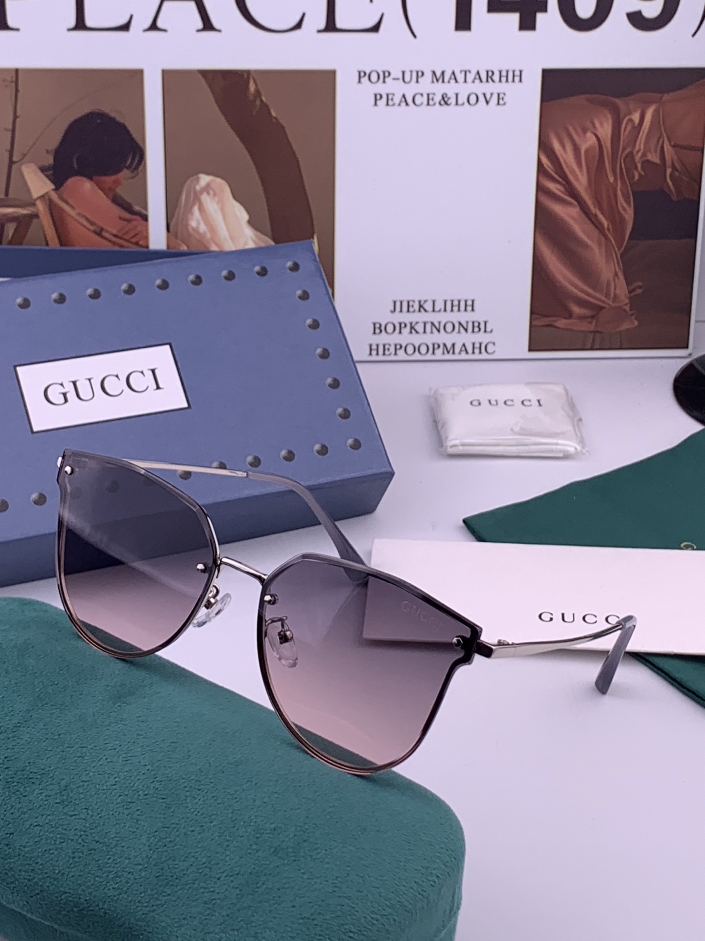 GUCCI 开春新款 最新款无框太阳镜 各路网红纷纷带起气场满分‼️ 俏皮甜美.上脸效果更佳.金属质感超好 型号：G52
