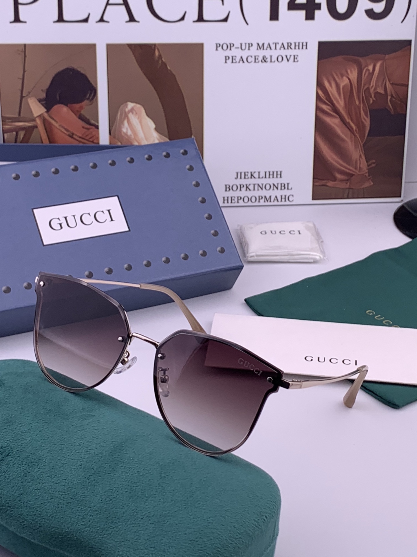 GUCCI 开春新款 最新款无框太阳镜 各路网红纷纷带起气场满分‼️ 俏皮甜美.上脸效果更佳.金属质感超好 型号：G52