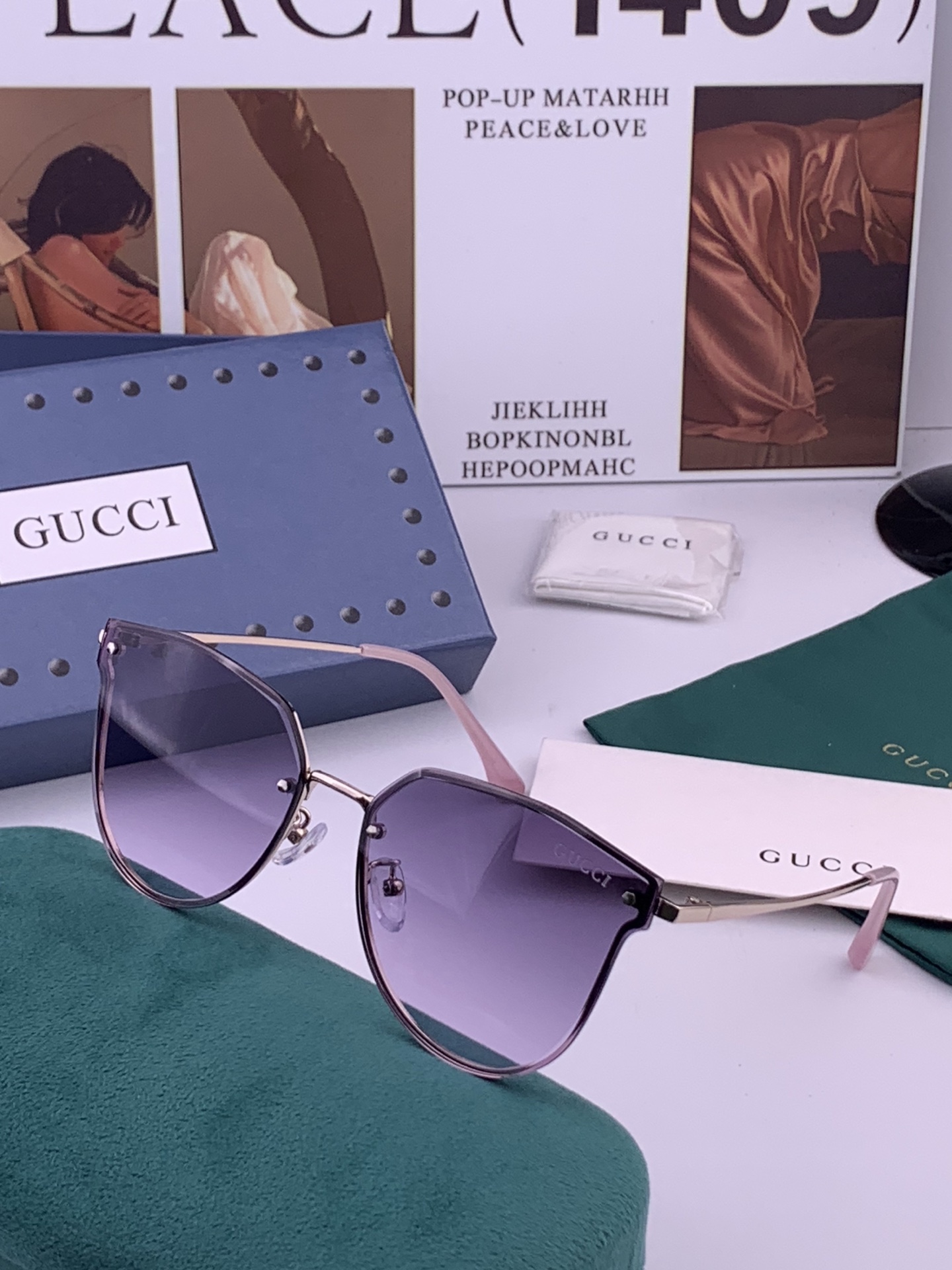 GUCCI 开春新款 最新款无框太阳镜 各路网红纷纷带起气场满分‼️ 俏皮甜美.上脸效果更佳.金属质感超好 型号：G52