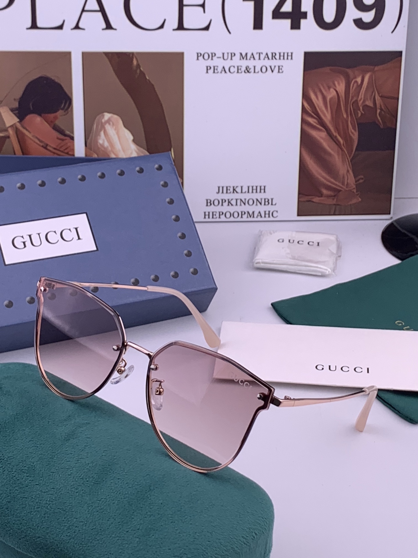 GUCCI 开春新款 最新款无框太阳镜 各路网红纷纷带起气场满分‼️ 俏皮甜美.上脸效果更佳.金属质感超好 型号：G52