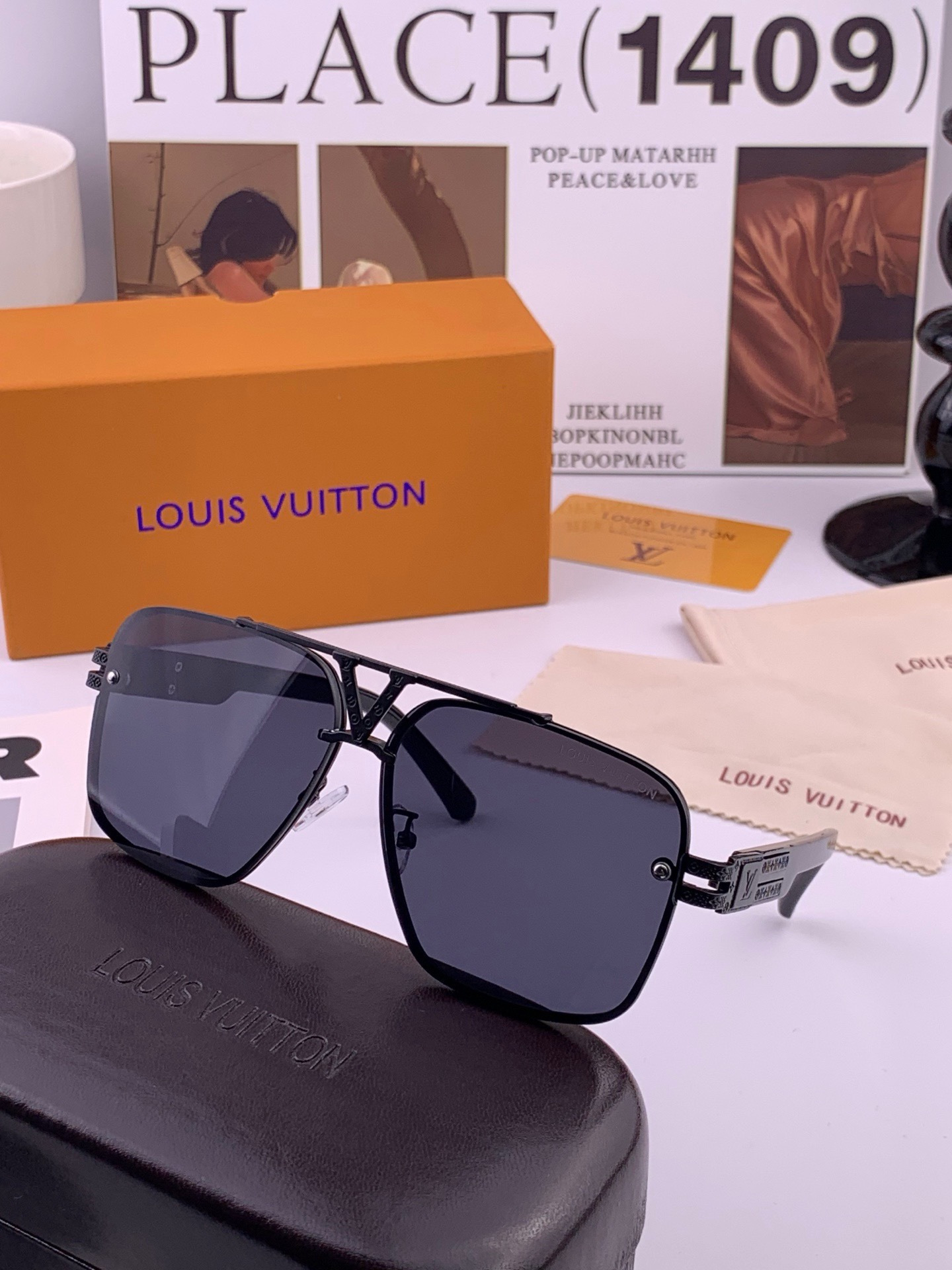 LV🔥高品质男女款”太阳镜🔥 开车钓鱼都可🔥百搭显瘦墨镜韩版男士飞行员大框司机开车防紫外线太阳镜，型号：L91756