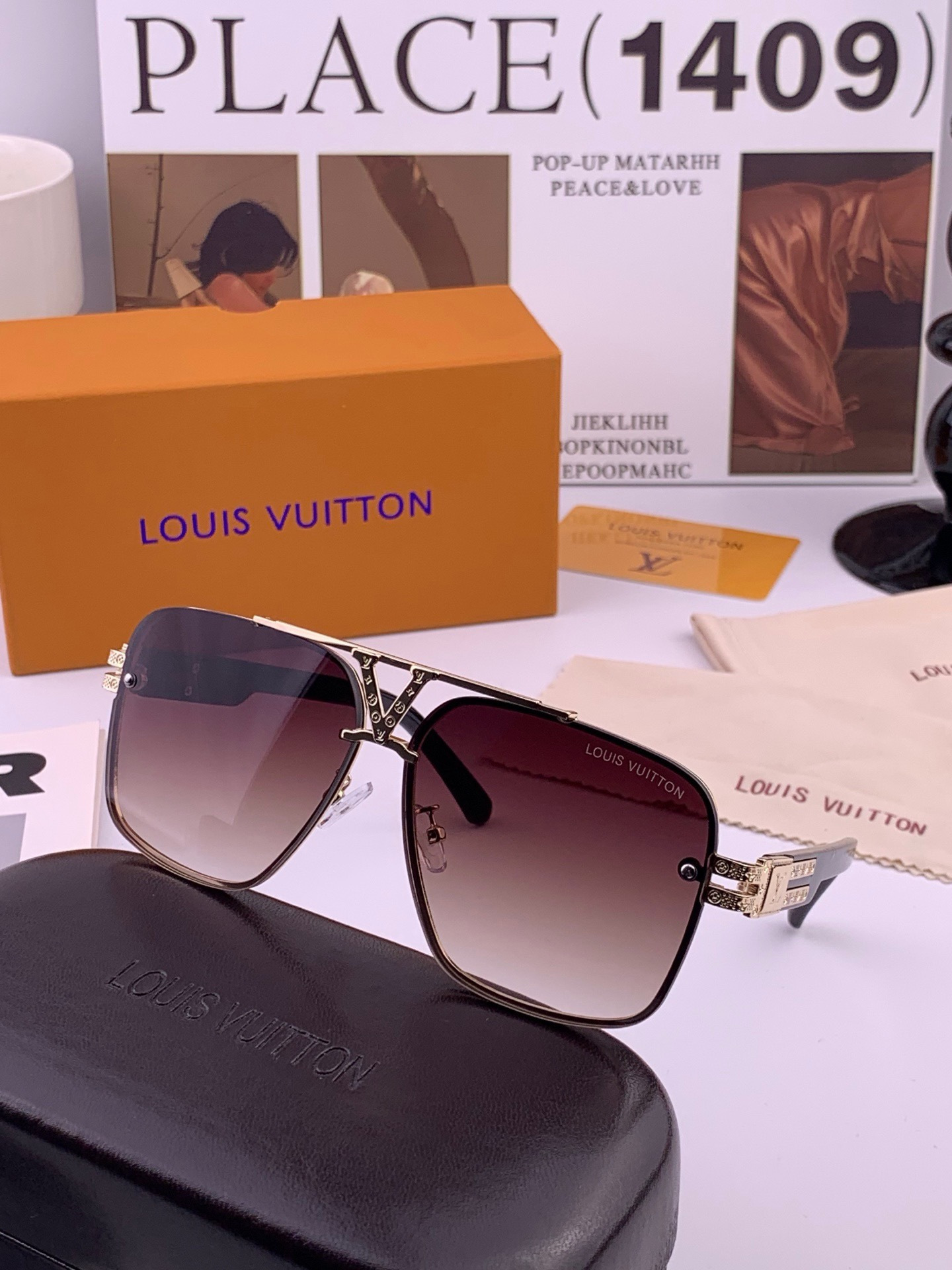 LV🔥高品质男女款”太阳镜🔥 开车钓鱼都可🔥百搭显瘦墨镜韩版男士飞行员大框司机开车防紫外线太阳镜，型号：L91756