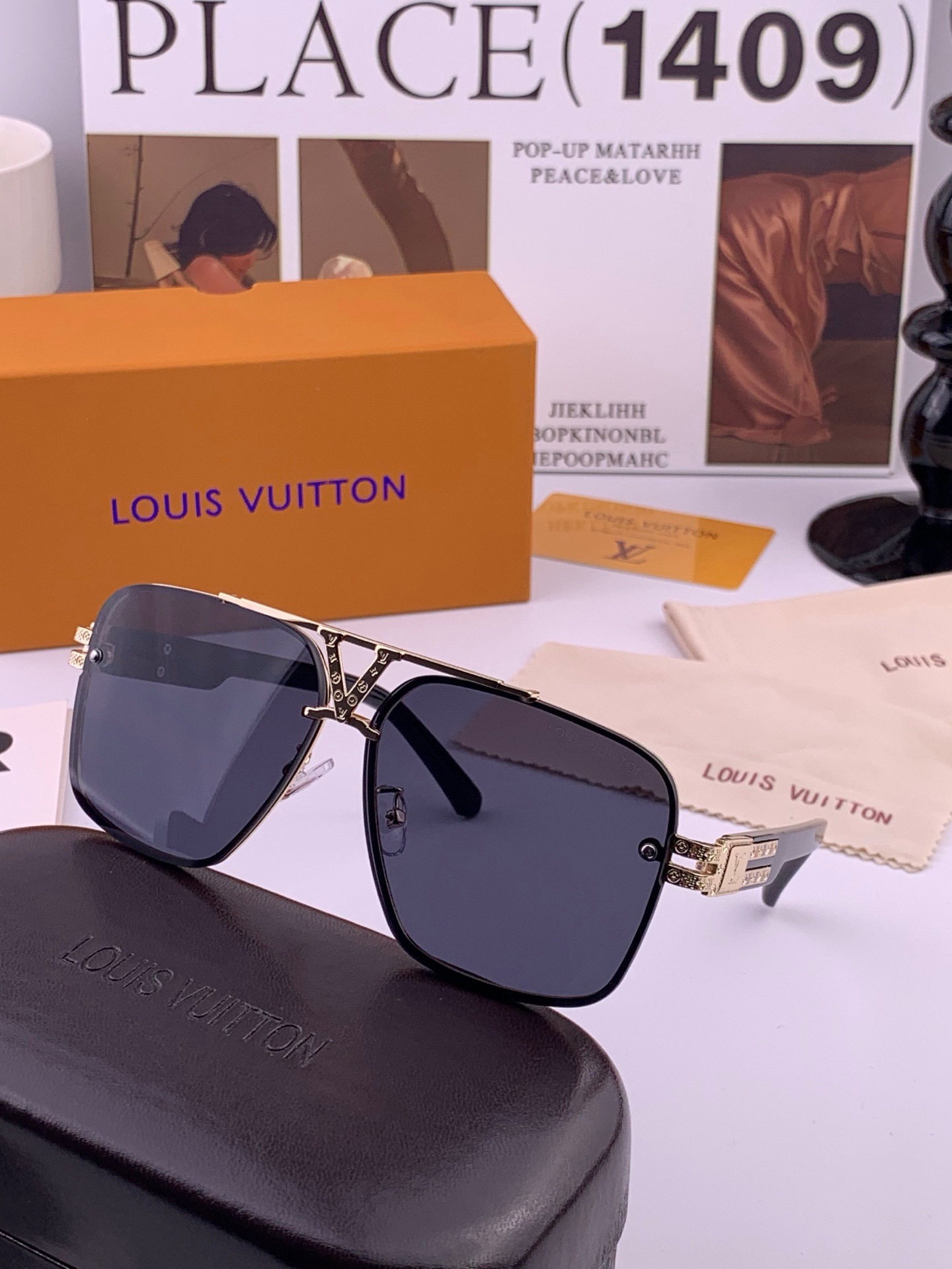 LV🔥高品质男女款”太阳镜🔥 开车钓鱼都可🔥百搭显瘦墨镜韩版男士飞行员大框司机开车防紫外线太阳镜，型号：L91756