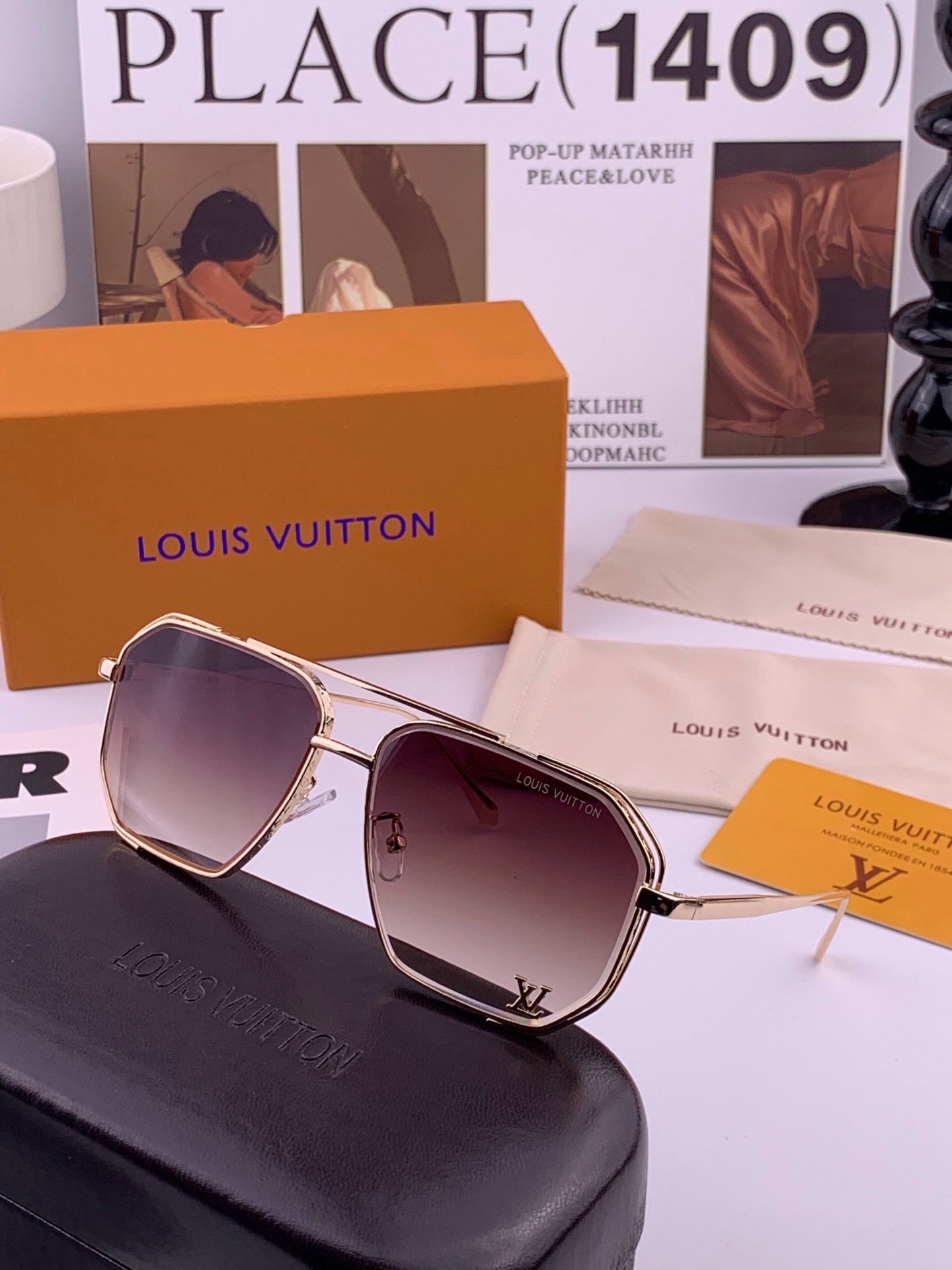 LV🔥高品质男女款”太阳镜🔥 开车钓鱼都可🔥百搭显瘦墨镜韩版男士飞行员大框司机开车防紫外线太阳镜，型号：L31758