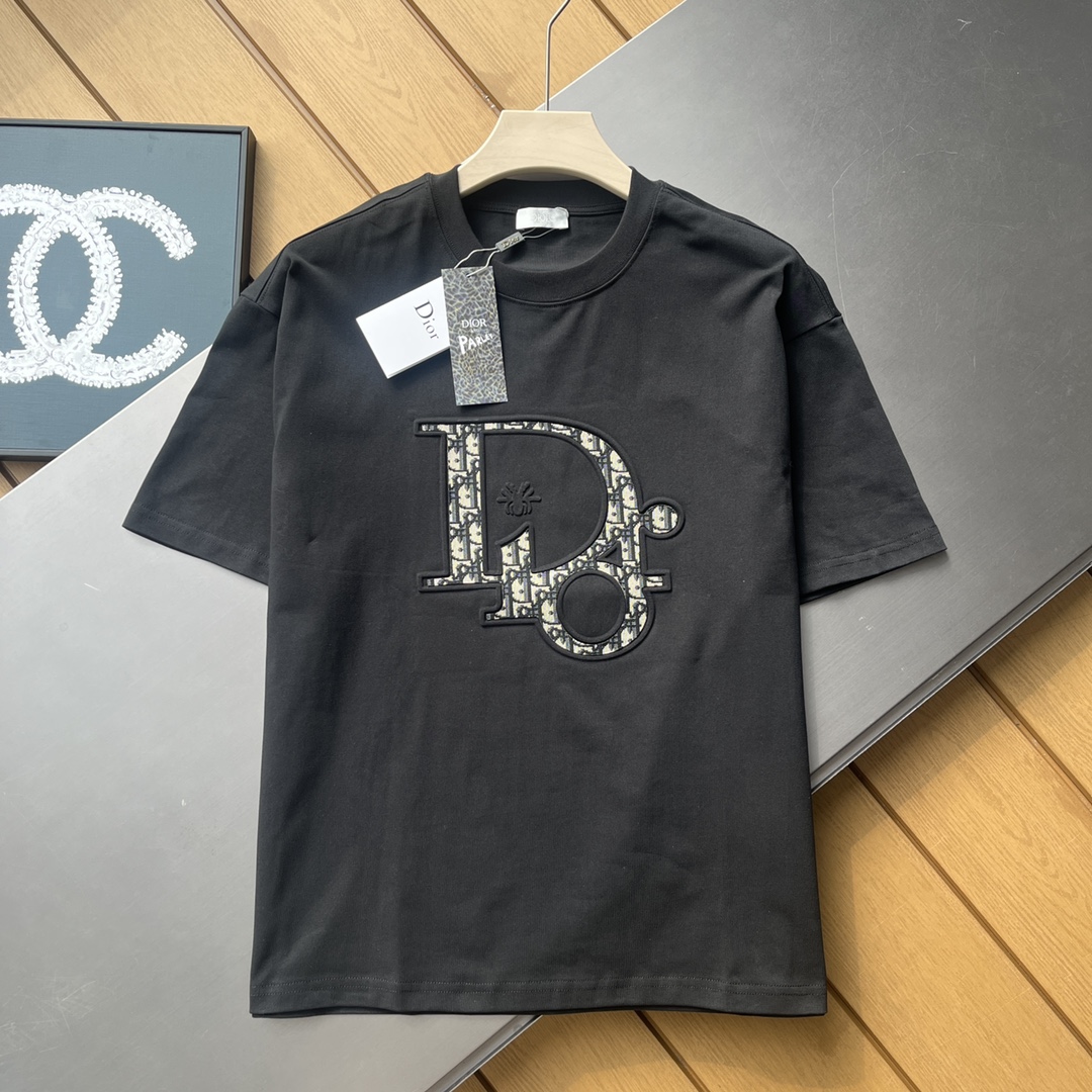 Dior Kleidung T-Shirt Schwarz Weiß Mit Diamanten besetzt Unisex Baumwolle Kurzarm