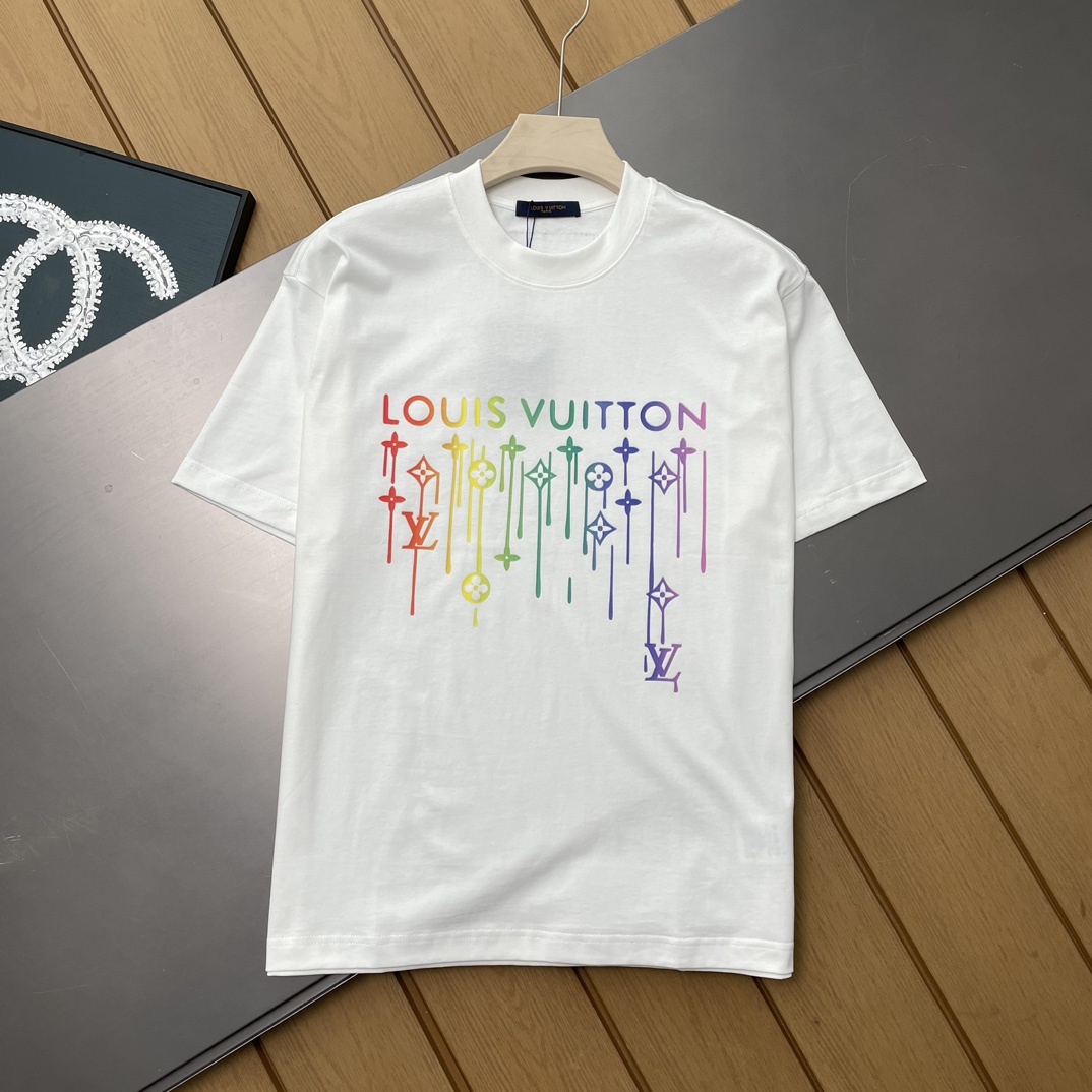 Louis Vuitton Ropa Camiseta Negro Blanco Impresión Universal para hombres y mujeres Algodón Escarcha Colección primavera Manga corta