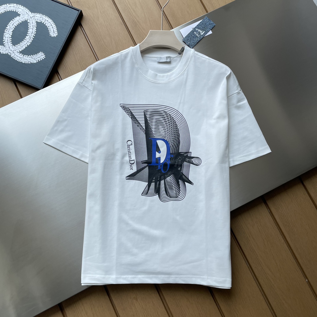 Dior Kaufen Kleidung T-Shirt Schwarz Weiß Drucken Unisex Baumwolle Kurzarm