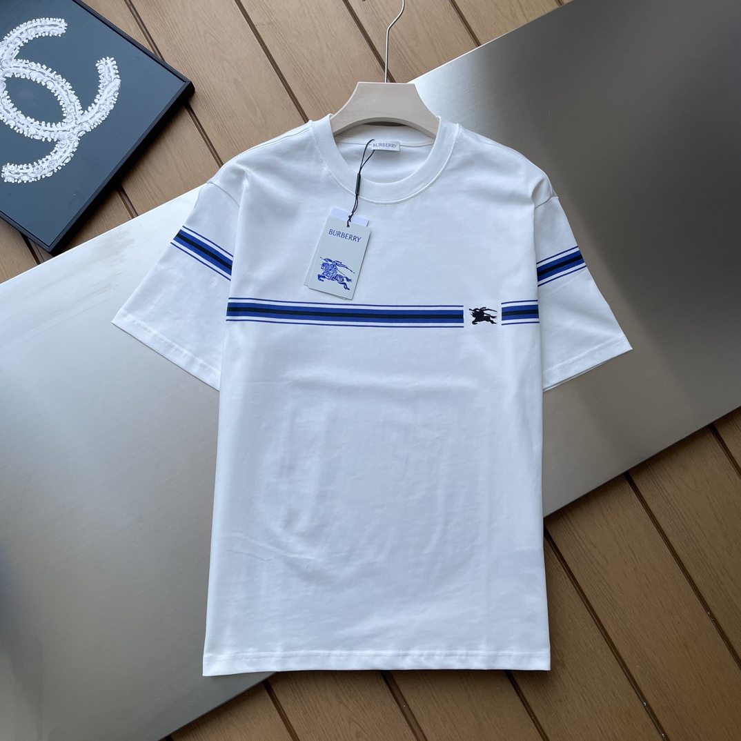 Burberry Kleidung T-Shirt Schwarz Weiß Stickerei Unisex Baumwolle Kurzarm