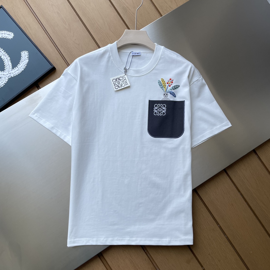 Loewe Kleidung T-Shirt Schwarz Weiß Stickerei Unisex Kurzarm