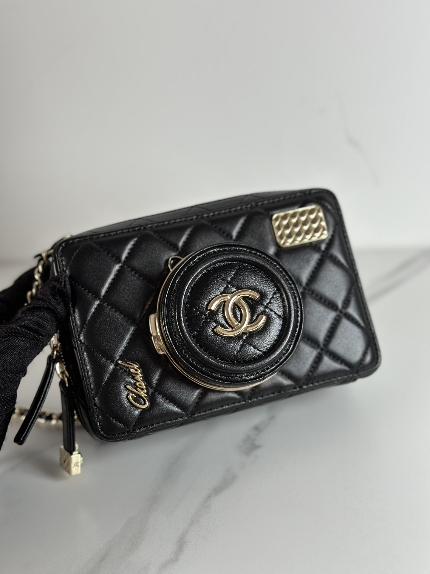 High Quality Replica Designer
 Chanel Camera Bags Black Gold Sheepskin