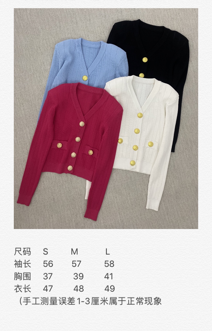 NO:454444,Real photos Balmai* Balmain early autumn new metal buckle V-neck short pit strip knitted slim cardigan, balmain, balmain, alexander wang19860909实拍图 Balmai* 巴尔曼25初秋新款金属扣V领短款坑条针织修身开衫,,balmain,balmain,alexander wang,Women's clothing