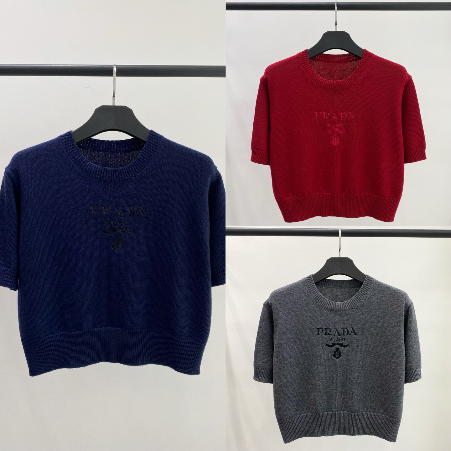NO:798716,Actual photo Prad*Prada classic letter logo embroidered short off-shoulder knitted blouse,,prada,prada,19860909实拍图 Prad*普拉达经典字母logo徽标刺绣短款落肩针织短上衣,,prada,prada,,Women's clothing