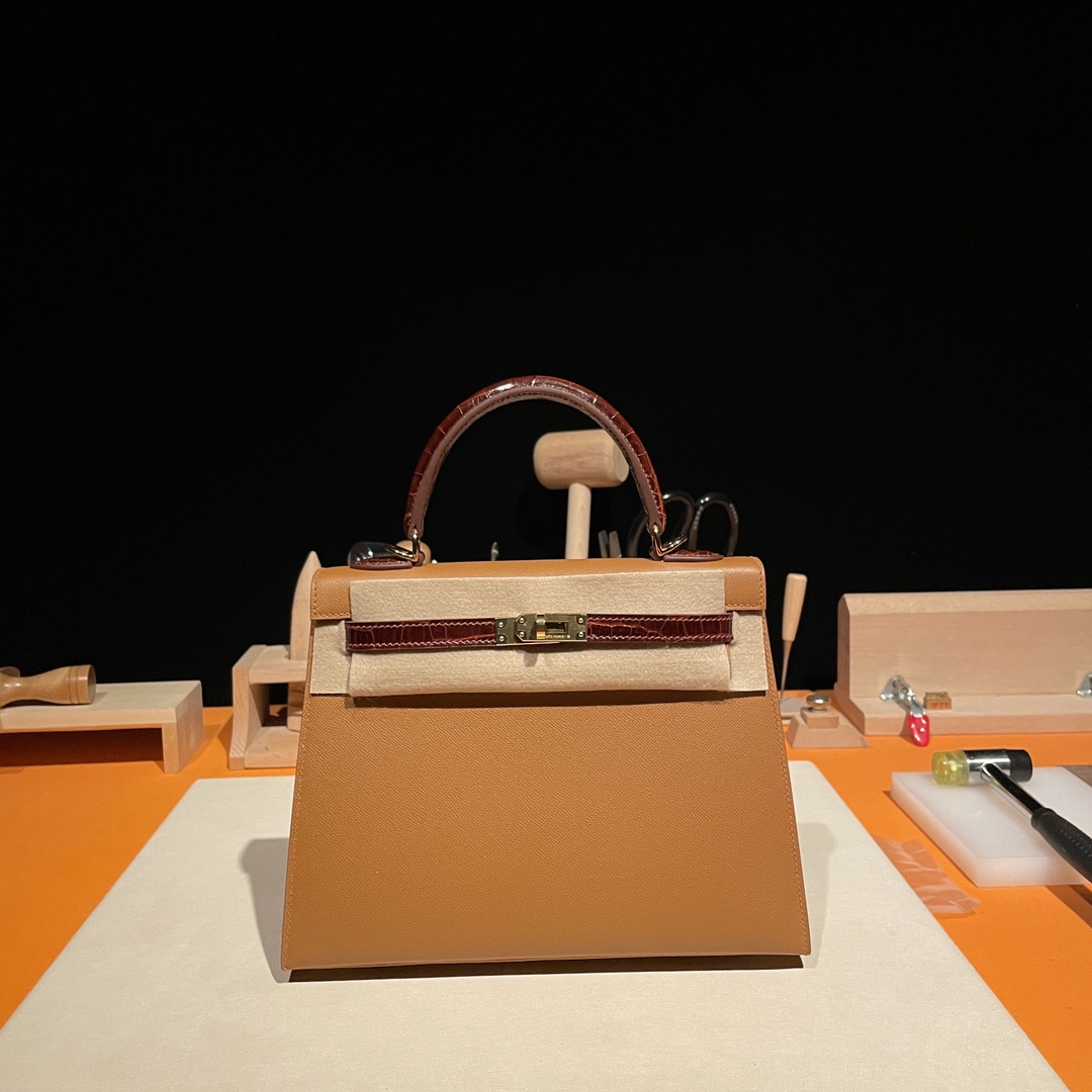Hermes Kelly AAAAA
 Handbags Crossbody & Shoulder Bags Brown Coffee Color Gold Hardware Crocodile Leather