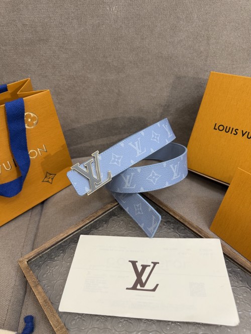 Louis Vuitton Dimension 4.0 Blue Monogram Leather Belt with Silver Buckle