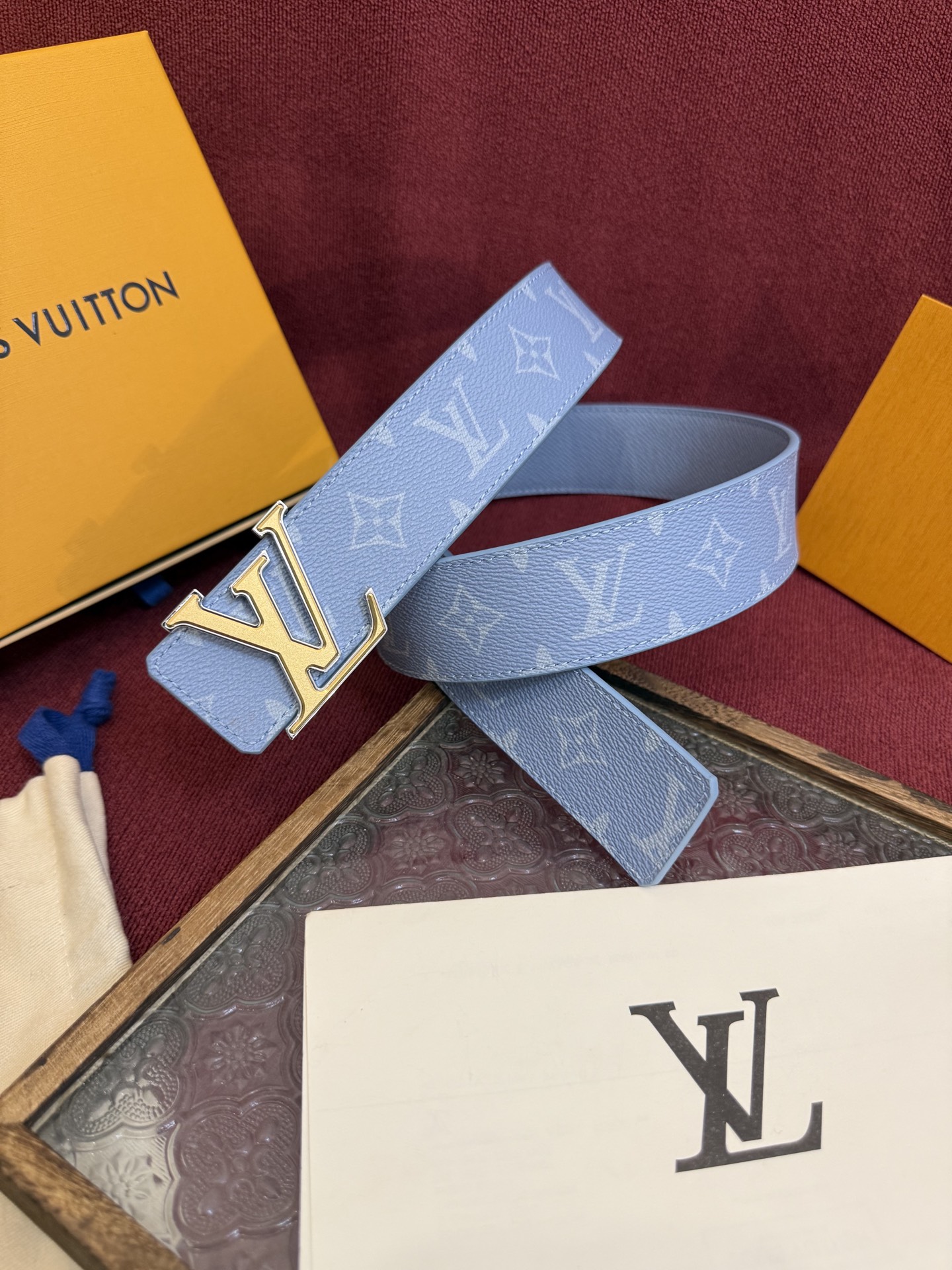 Louis Vuitton Men's Blue Canvas Belt with Leather Trim and LV Buckle