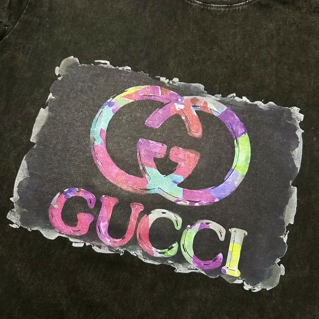 Gucci/古驰24ss 双G涂鸦泼墨水洗做旧短袖T恤 重工水洗怀旧水洗工艺