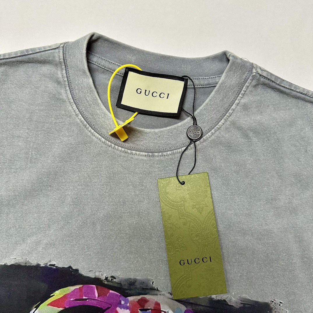 Gucci/古驰25ss 双G涂鸦泼墨水洗做旧短袖T恤