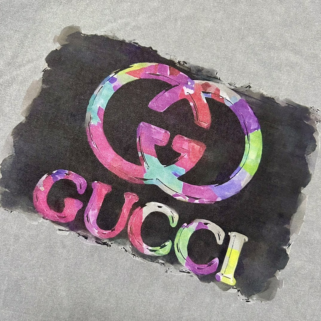 Gucci/古驰25ss 双G涂鸦泼墨水洗做旧短袖T恤