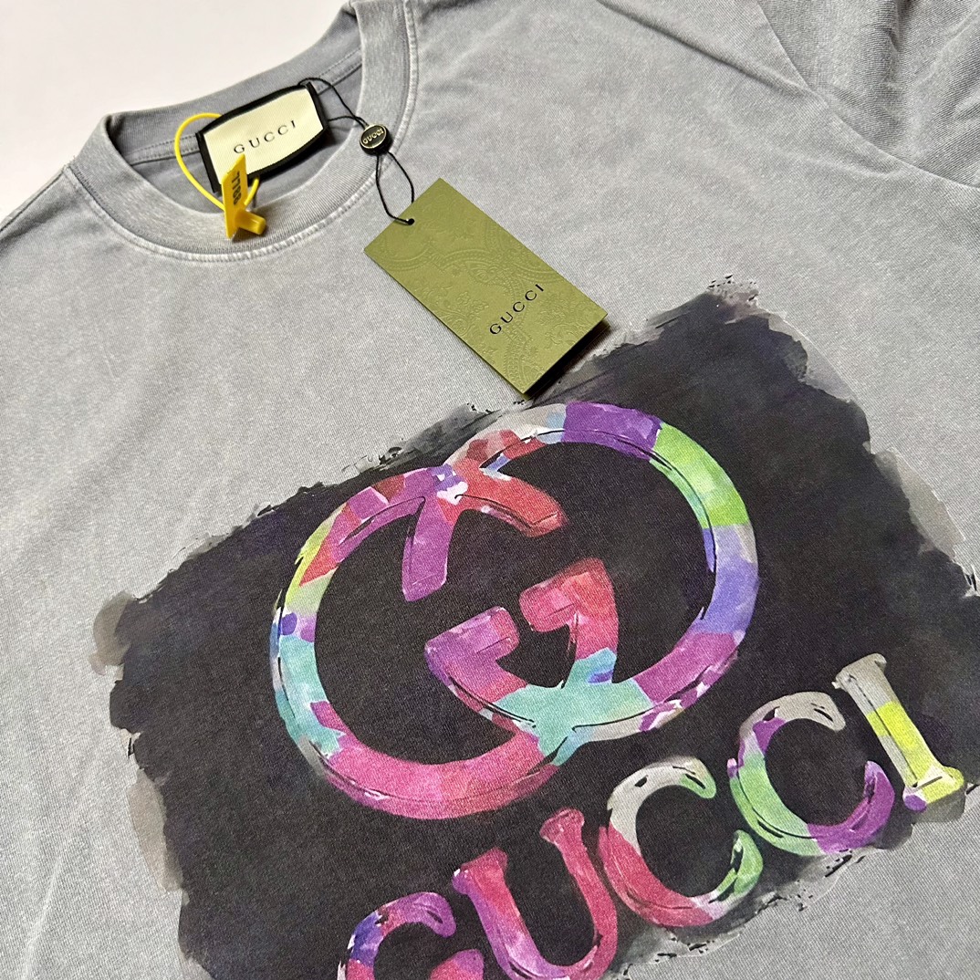 Gucci/古驰25ss 双G涂鸦泼墨水洗做旧短袖T恤