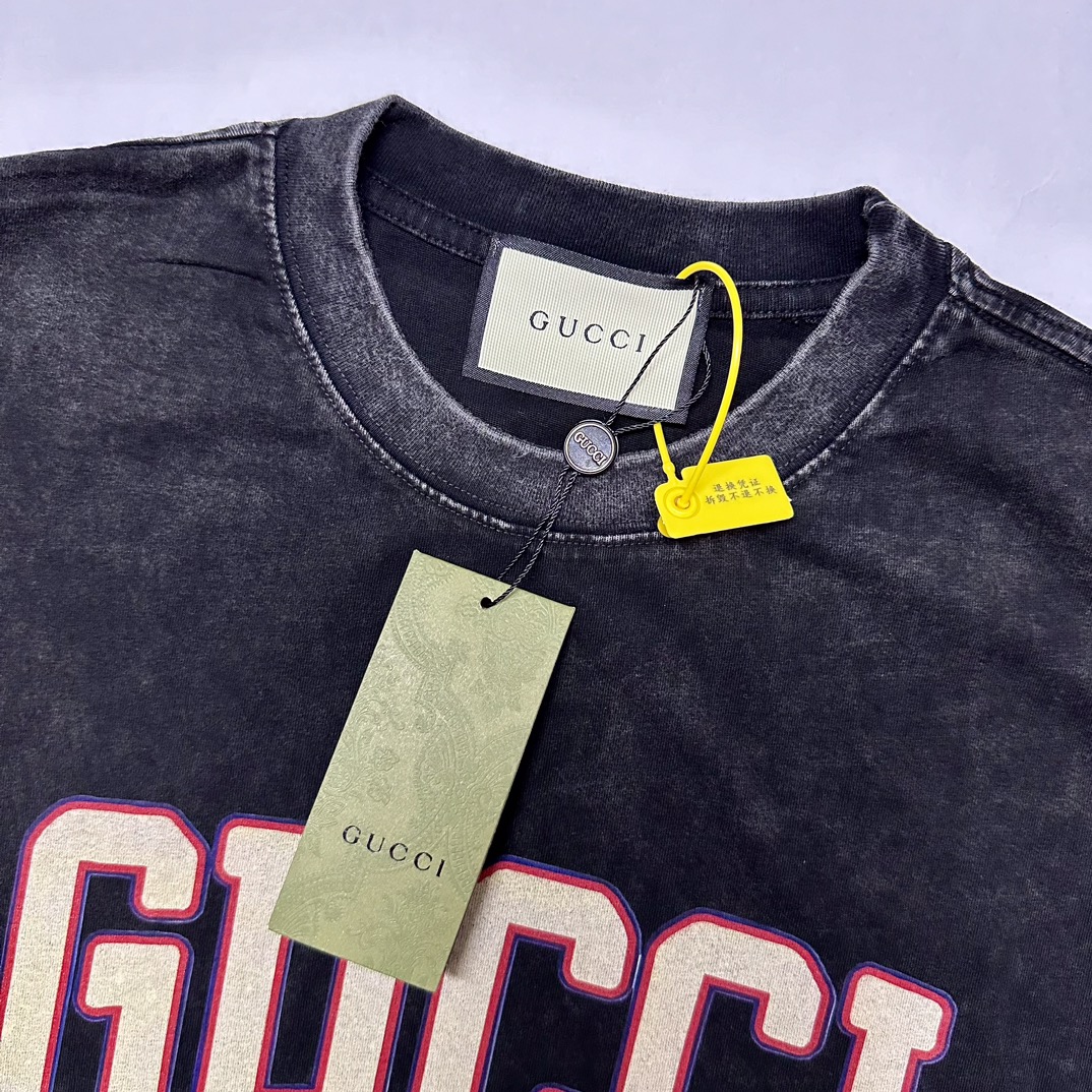 Gucci/古驰24ss 双G火焰水洗做旧短袖T恤 重工水洗怀旧水洗工艺