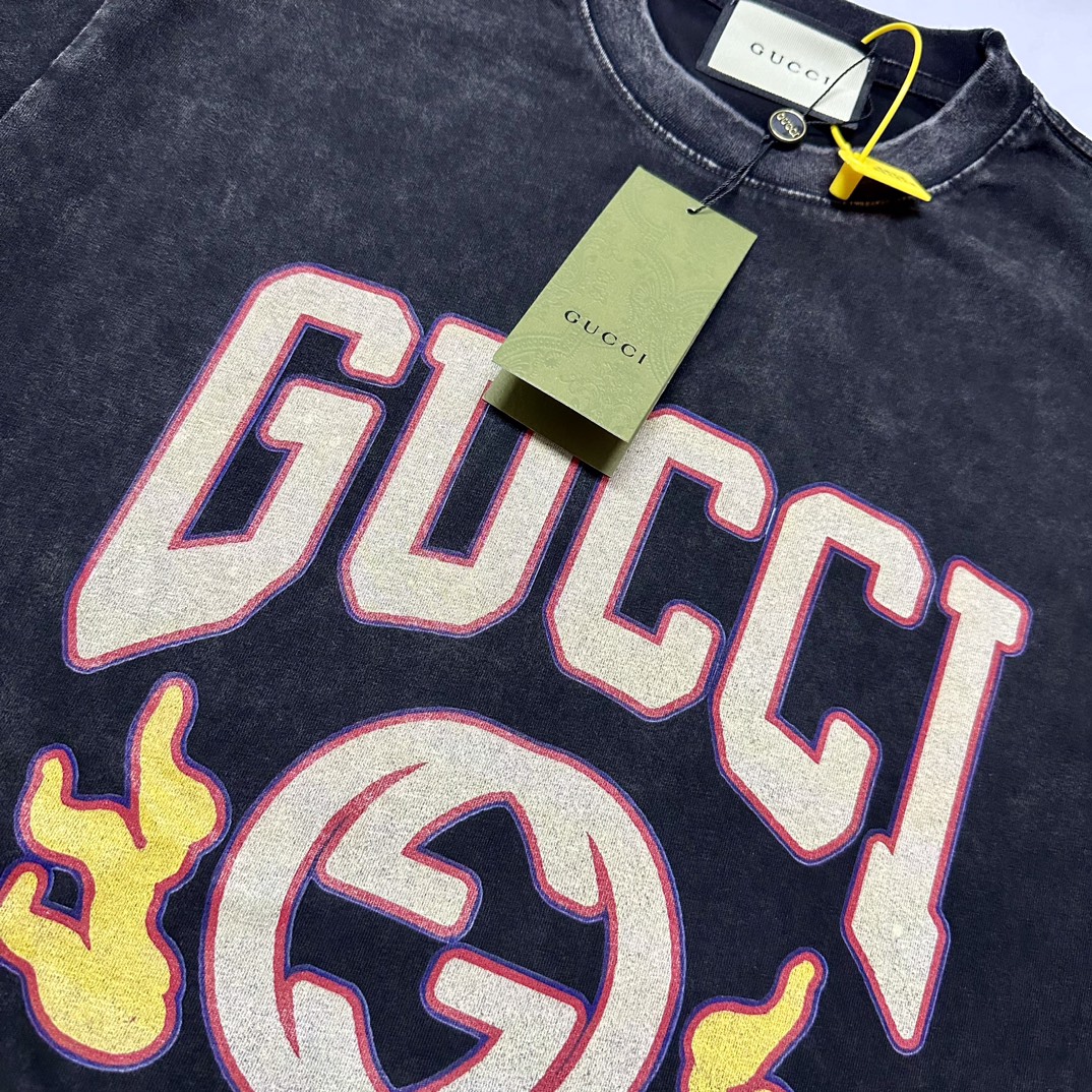 Gucci/古驰24ss 双G火焰水洗做旧短袖T恤 重工水洗怀旧水洗工艺