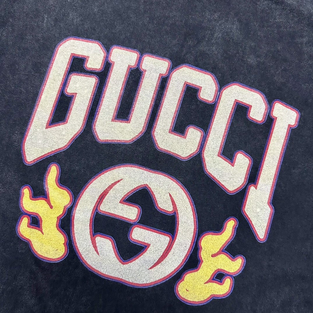 Gucci/古驰24ss 双G火焰水洗做旧短袖T恤 重工水洗怀旧水洗工艺