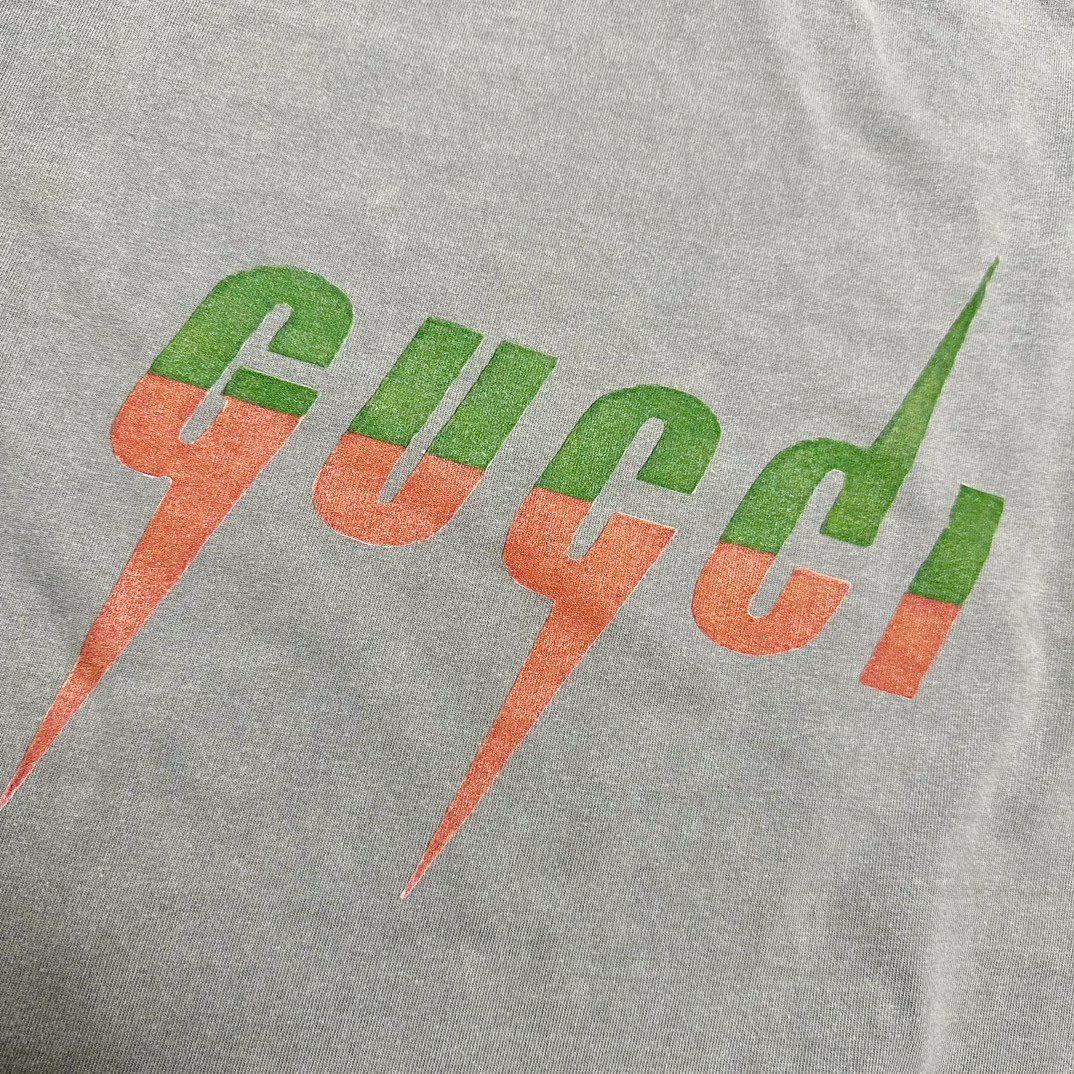 Gucci/古驰 红绿闪电水洗做旧短袖T恤 黑色 灰色