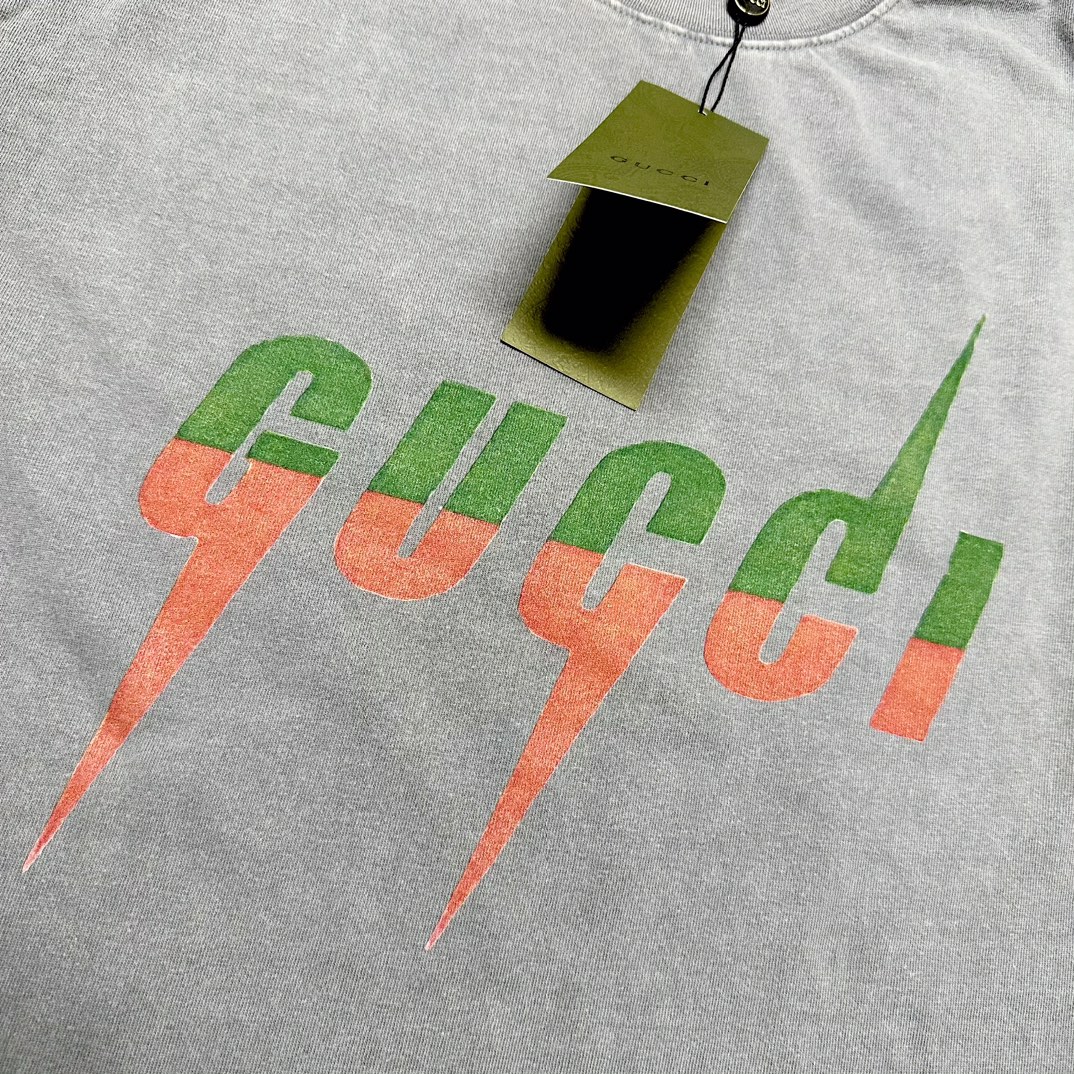 Gucci/古驰 红绿闪电水洗做旧短袖T恤 黑色 灰色