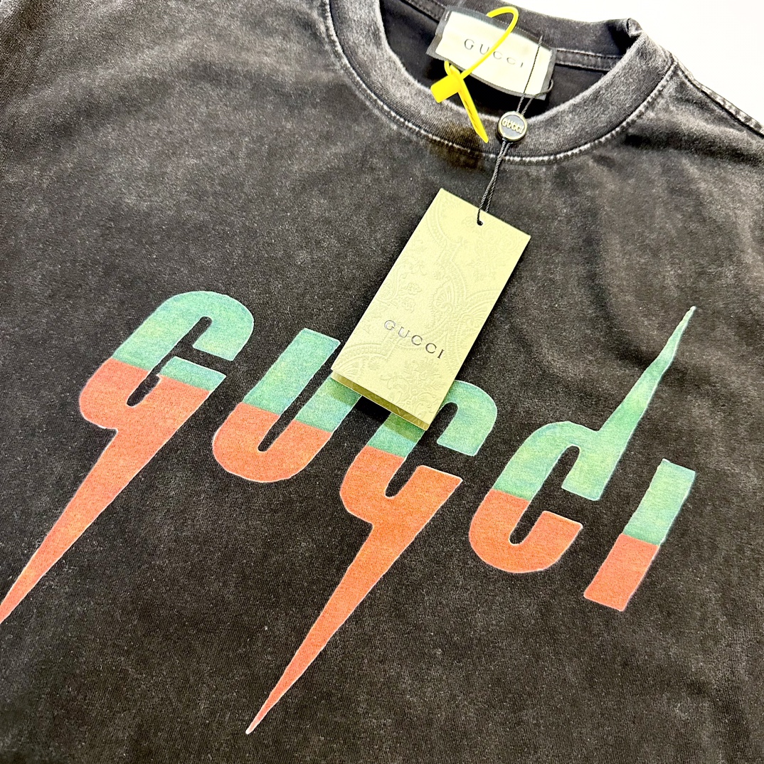 Gucci/古驰24ss 拼色闪电水洗做旧短袖T恤