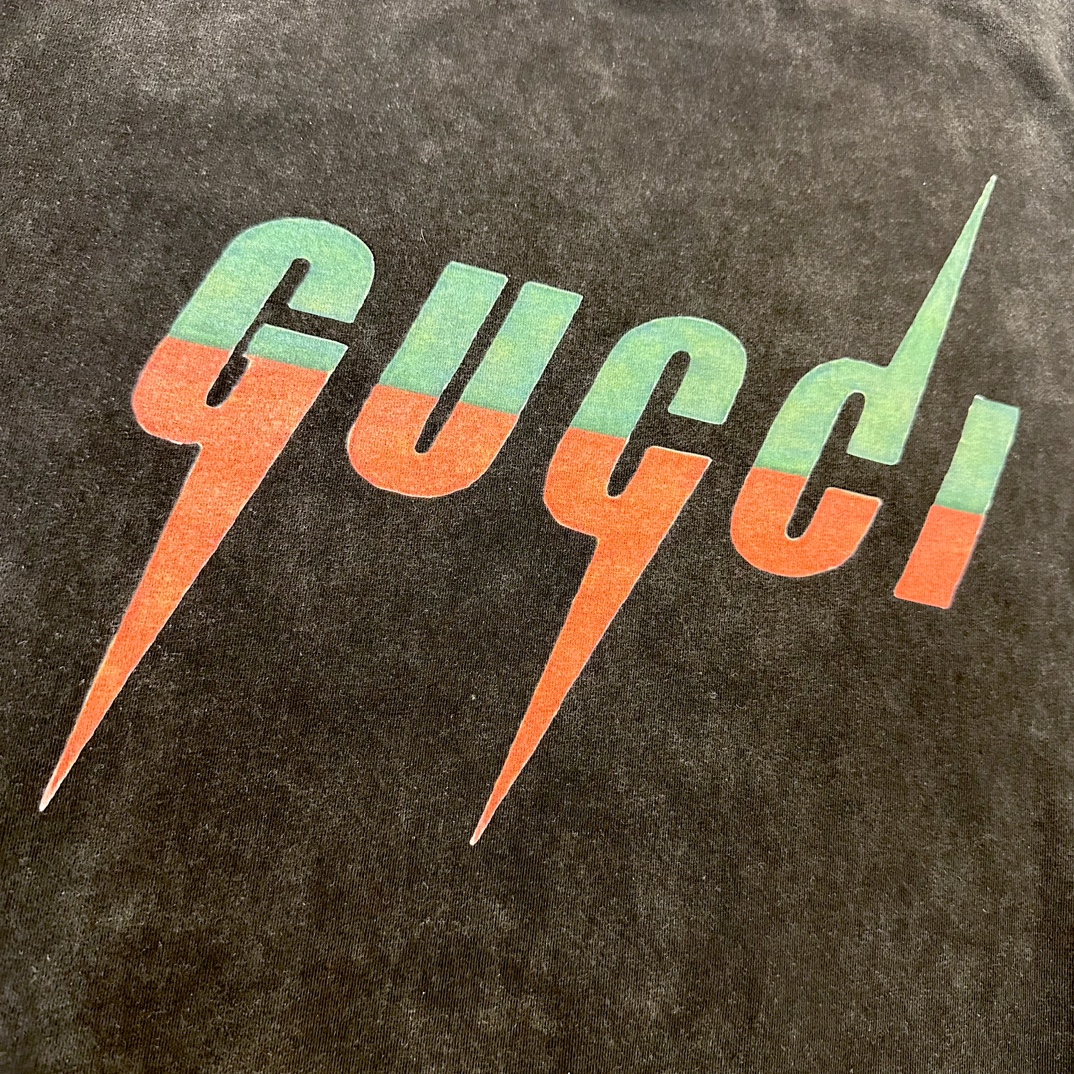 Gucci/古驰24ss 拼色闪电水洗做旧短袖T恤