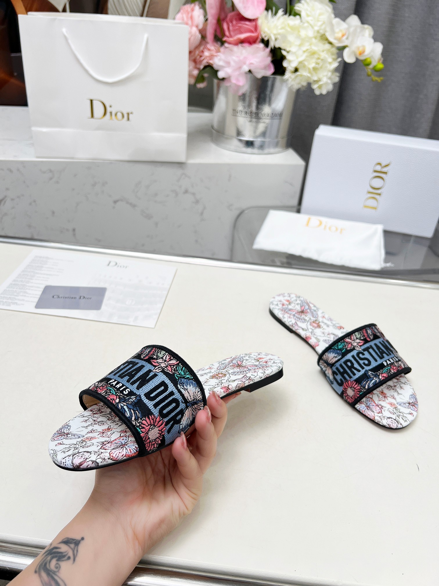 Christian Dior Women's Embroidered Cotton Blend Slide Sandal, Floral Print 5 a1740754312700 7566