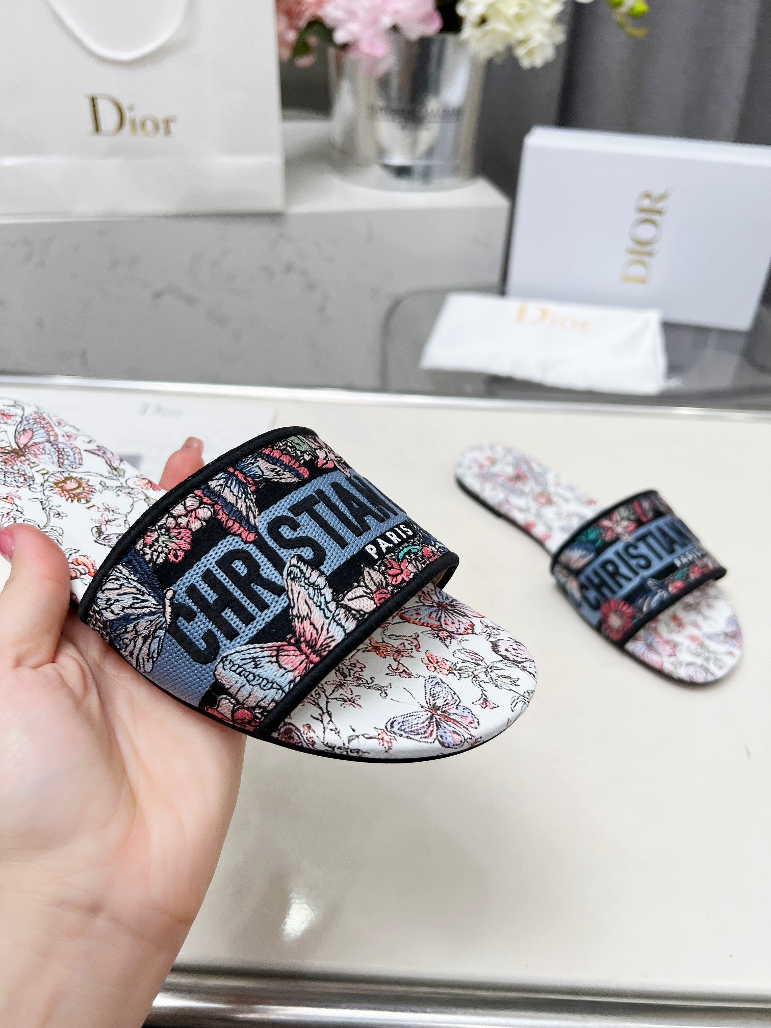 Christian Dior Women's Embroidered Cotton Blend Slide Sandal, Floral Print 10 a1740754314442 2617