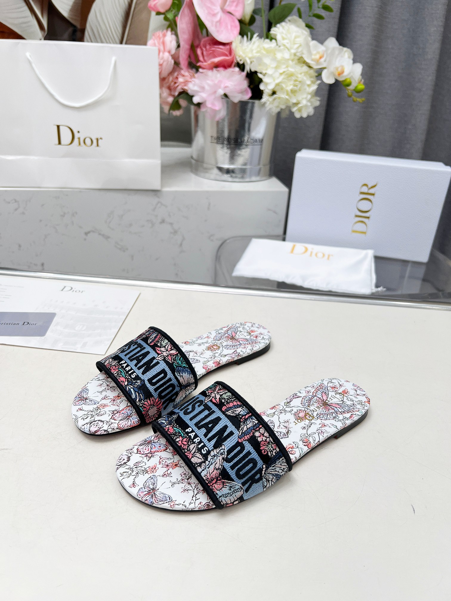 Christian Dior Women's Embroidered Cotton Blend Slide Sandal, Floral Print 8 a1740754314499 1863