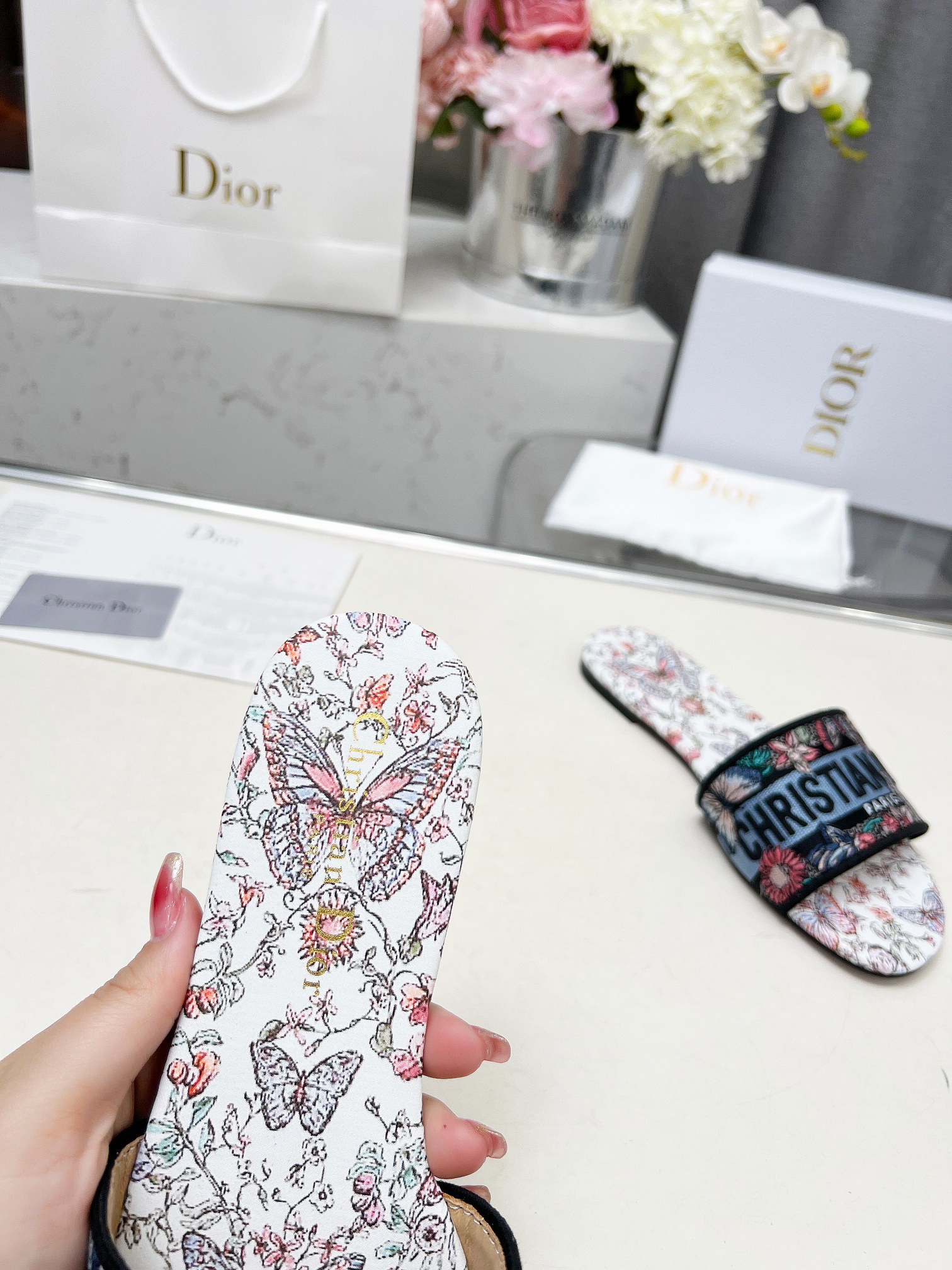 Christian Dior Women's Embroidered Cotton Blend Slide Sandal, Floral Print 9 a1740754314524 7446