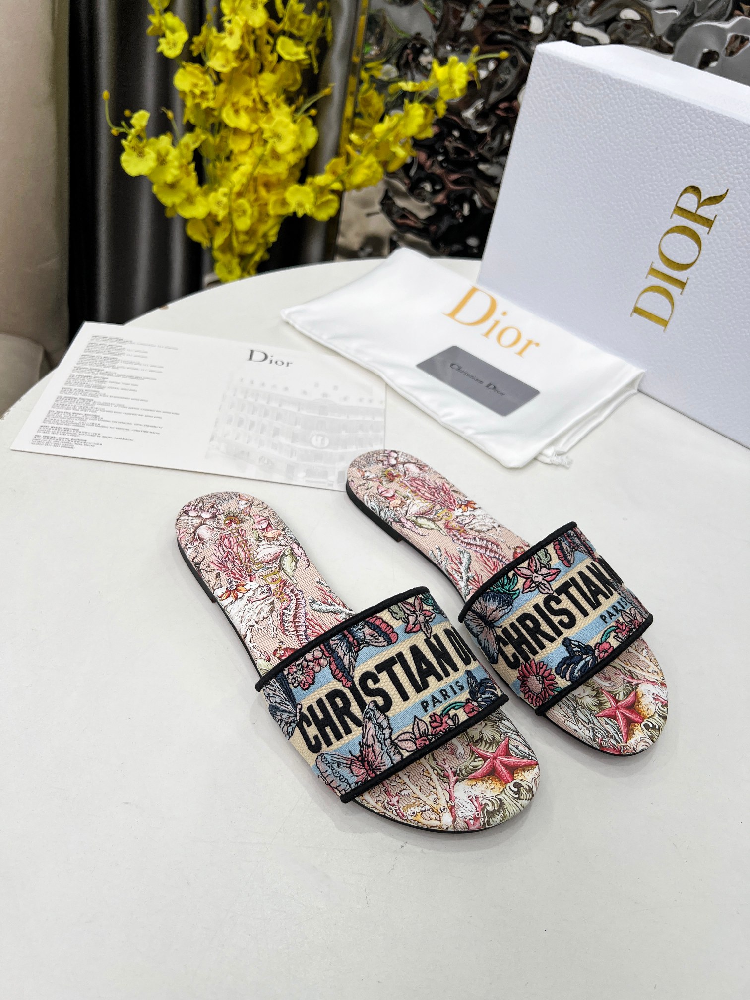 CD•Dior Women's Embroidered Floral Slides Sandals, Luxurious Comfort 1 CD•Dior Women's Embroidered Floral Slides Sandals, Luxurious Comfort
