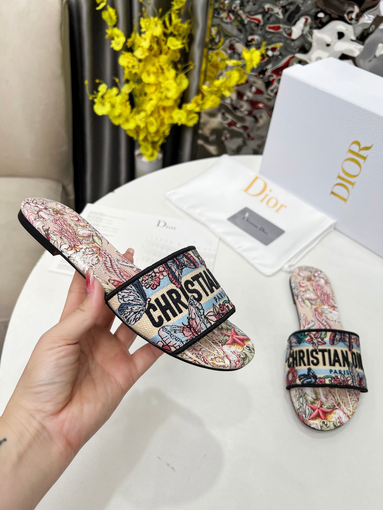 CD•Dior Women's Embroidered Floral Slides Sandals, Luxurious Comfort 9 a1741270041458 6434