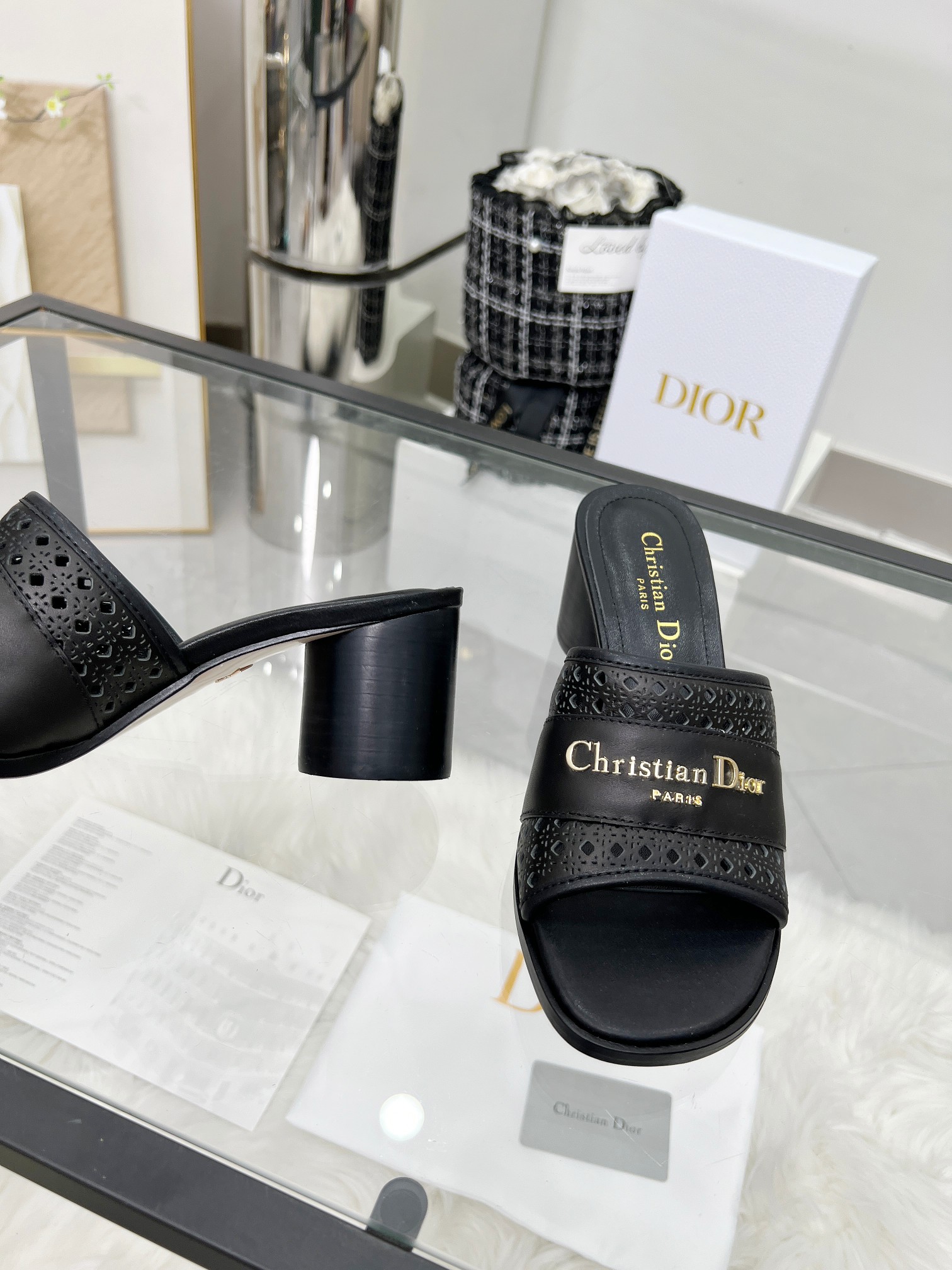 Dior D-Lane Black Leather Mules with Cannage and Gold Finish Metal Logo 6 a1744308847545 3528