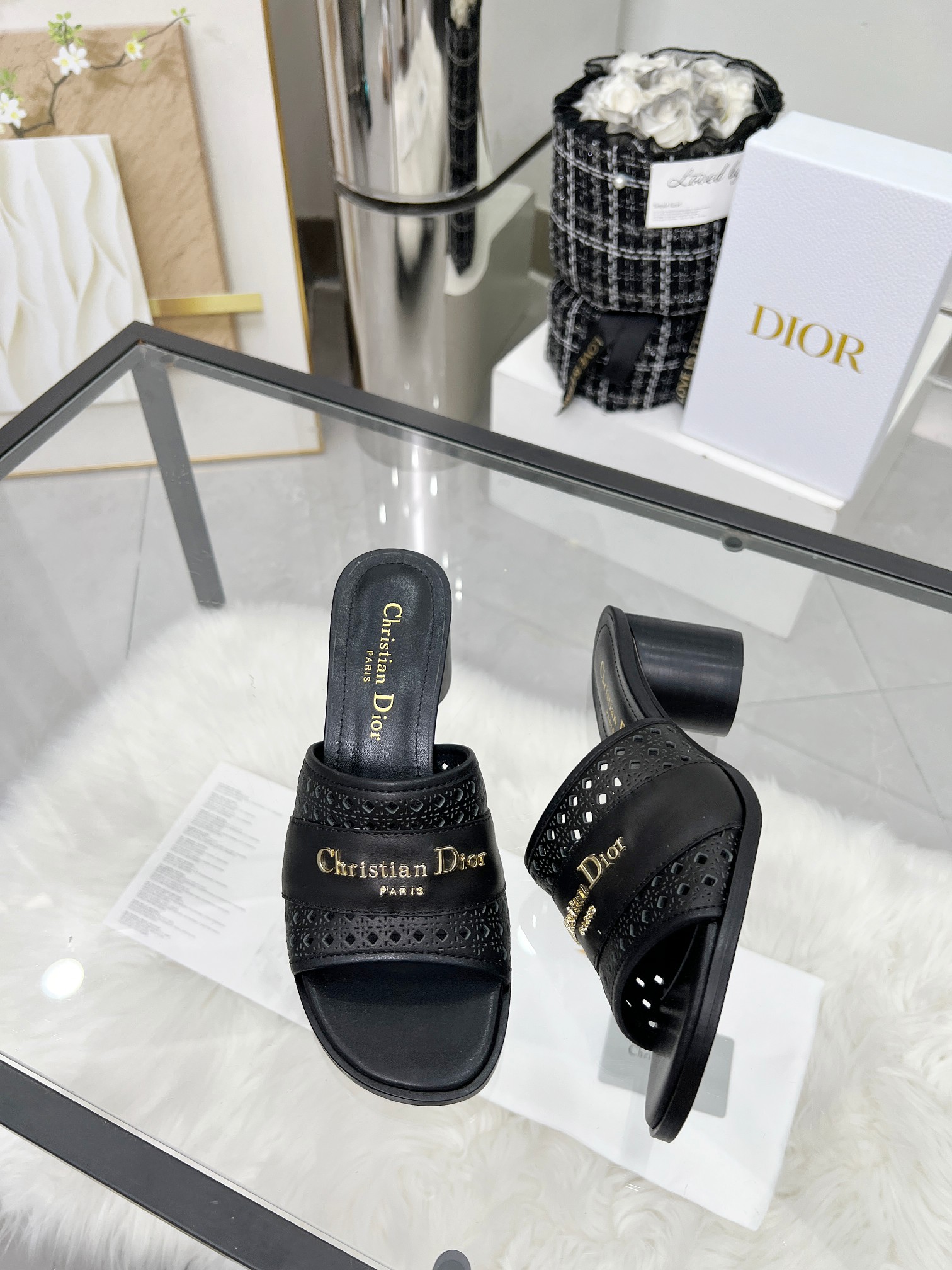 Dior D-Lane Black Leather Mules with Cannage and Gold Finish Metal Logo 8 a1744308847581 6446