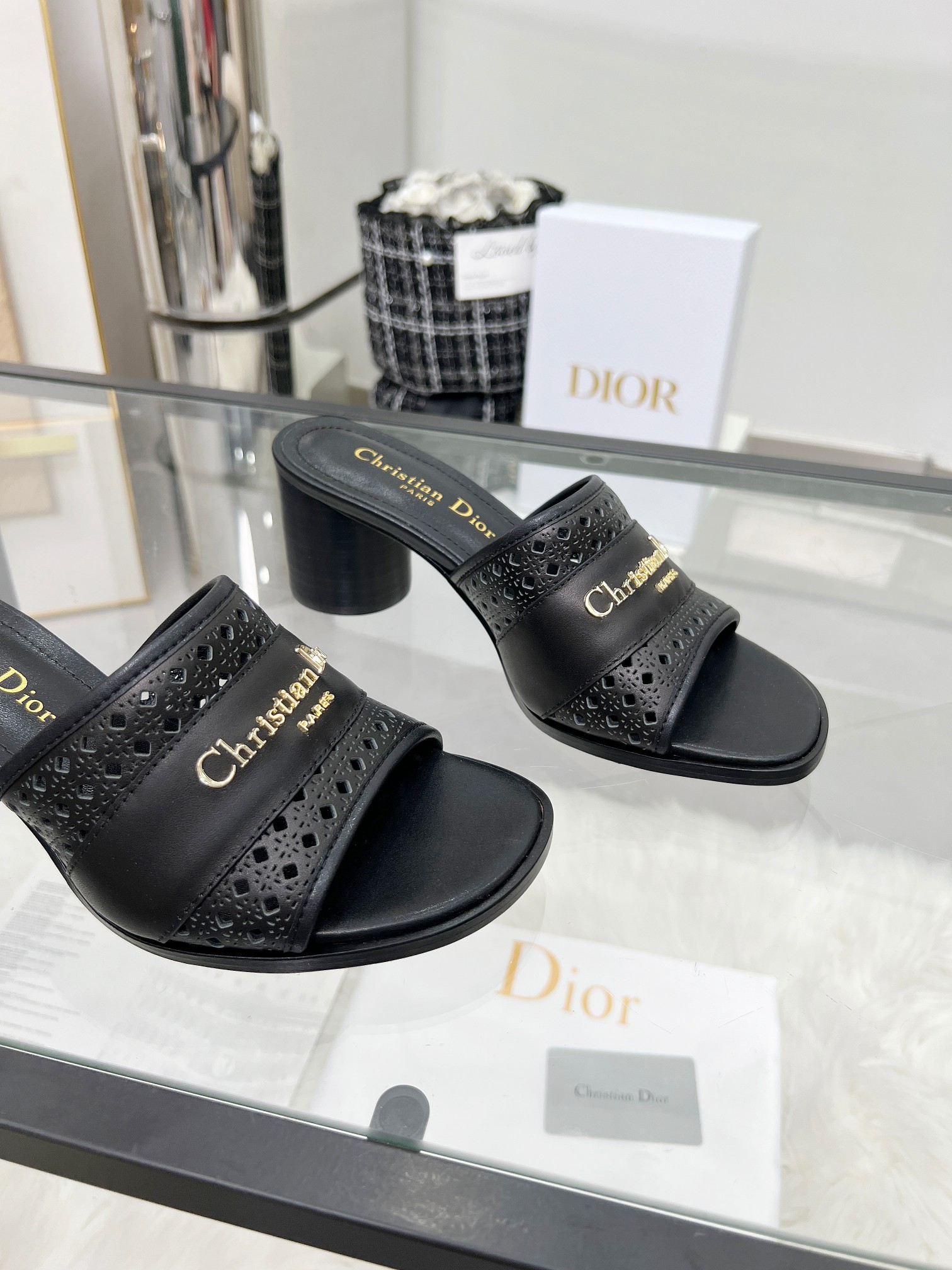 Dior D-Lane Black Leather Mules with Cannage and Gold Finish Metal Logo 7 a1744308847598 4087