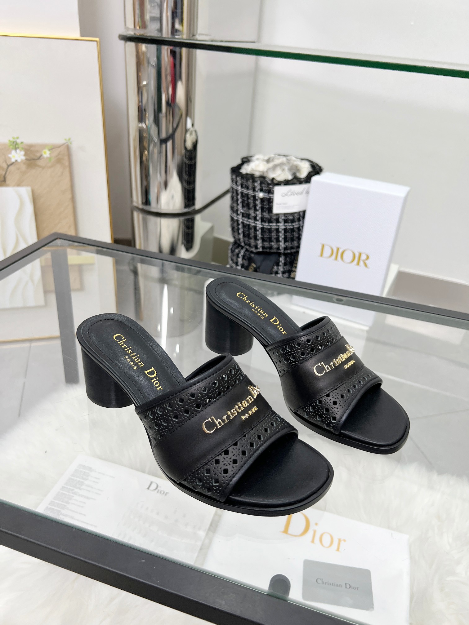 Dior D-Lane Black Leather Mules with Cannage and Gold Finish Metal Logo 1 Dior D-Lane Black Leather Mules with Cannage and Gold Finish Metal Logo