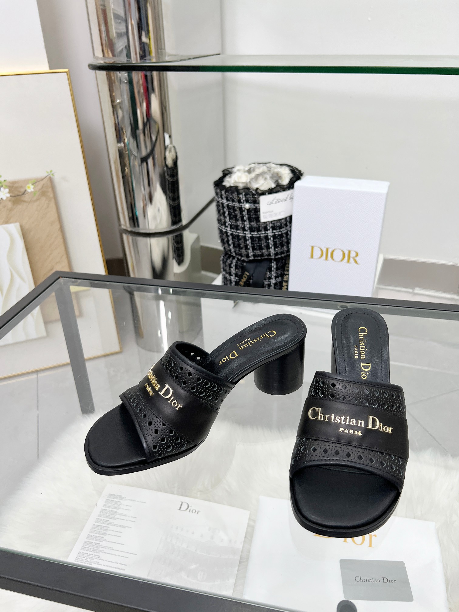 Dior D-Lane Black Leather Mules with Cannage and Gold Finish Metal Logo 5 a1744308849519 1035