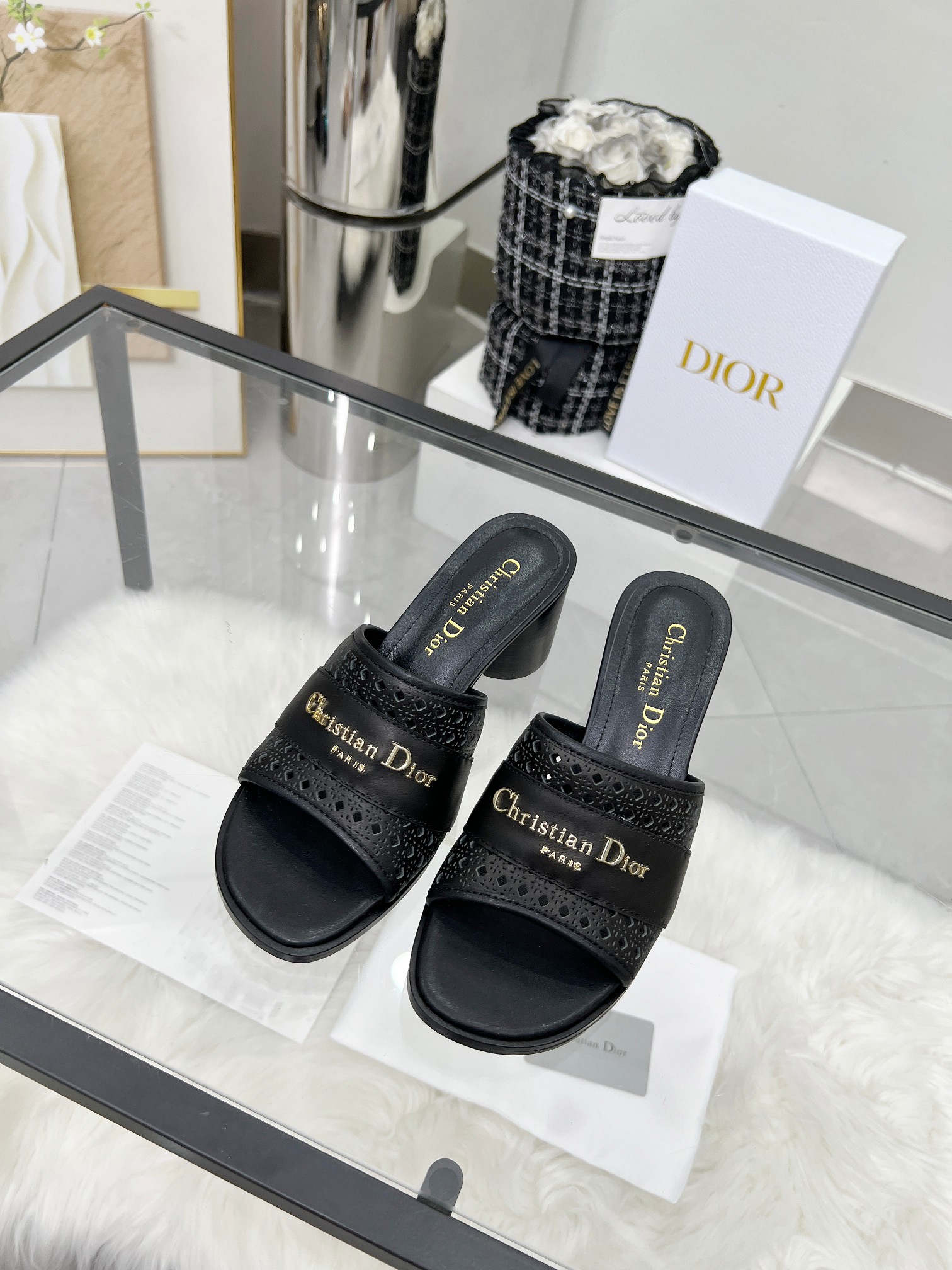 Dior D-Lane Black Leather Mules with Cannage and Gold Finish Metal Logo 9 a1744308849534 6375
