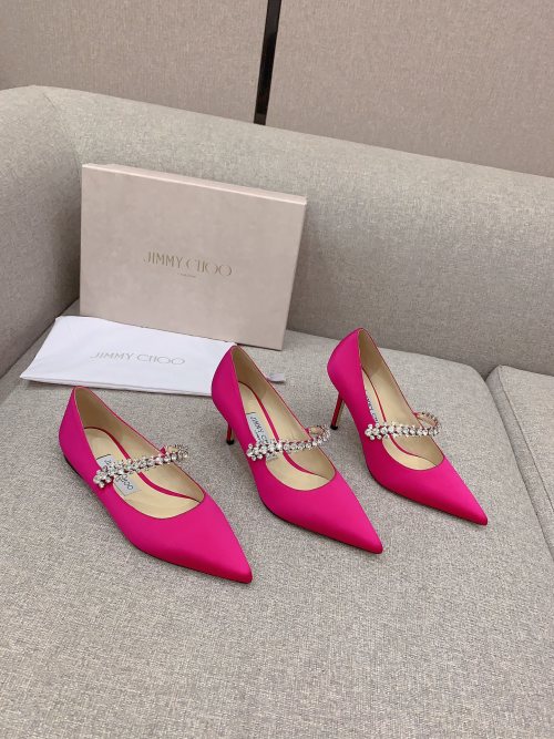 Jimmy Choo Pink Satin Pumps with Crystal Strap - Pointed Toe Heels 1 Jimmy Choo Pink Satin Pumps with Crystal Strap – Pointed Toe Heels