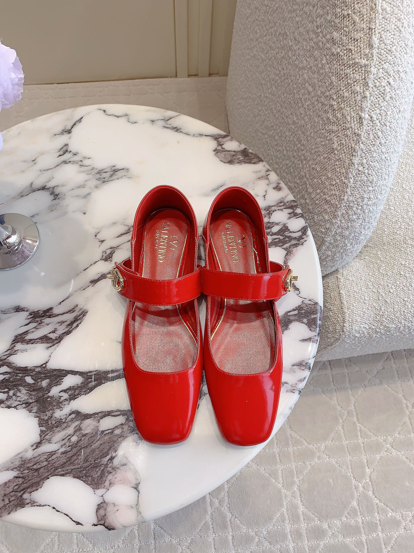 Valentin’s Classic V-Button Mary Jane Flats: Italian Leather, Size 35-39, $750.