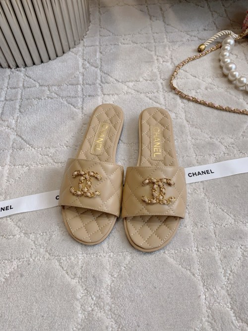 Chanel Women's Beige Leather CC Logo Quilted Slide Sandals 1 Chanel Women's Beige Leather CC Logo Quilted Slide Sandals