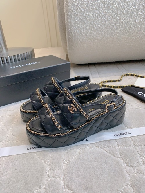 Chanel Quilted Leather Platform Sandals with Chain Detail - Black 1 Chanel Quilted Leather Platform Sandals with Chain Detail - Black