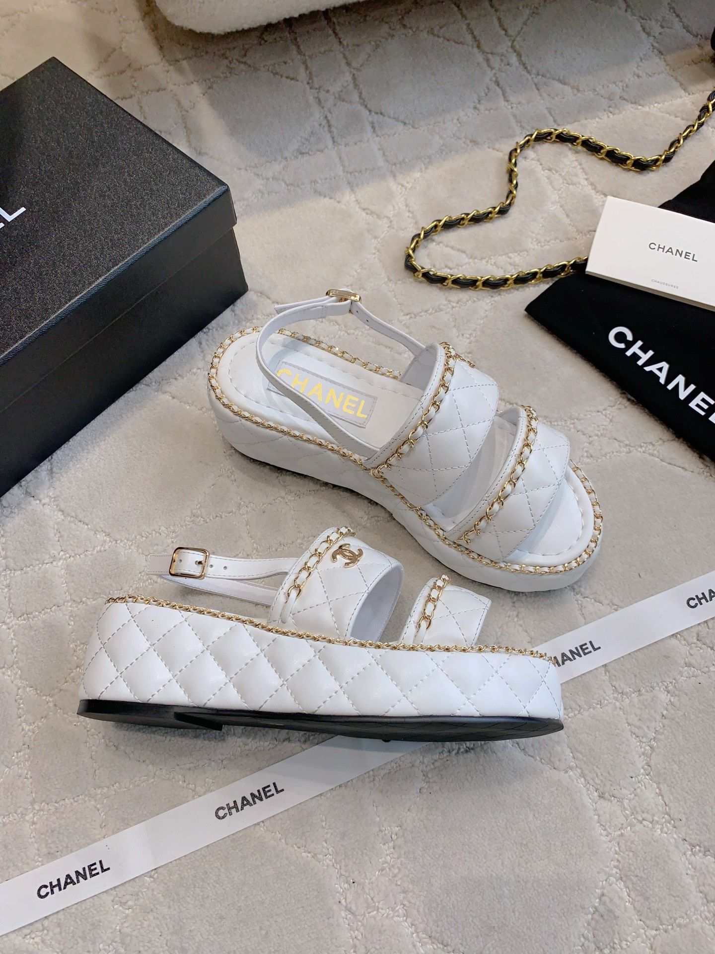 Chanel White Quilted Leather Chain Platform Sandals Size 35-39 (40-41 Custom) 5 i1750137602690 3903 0 3