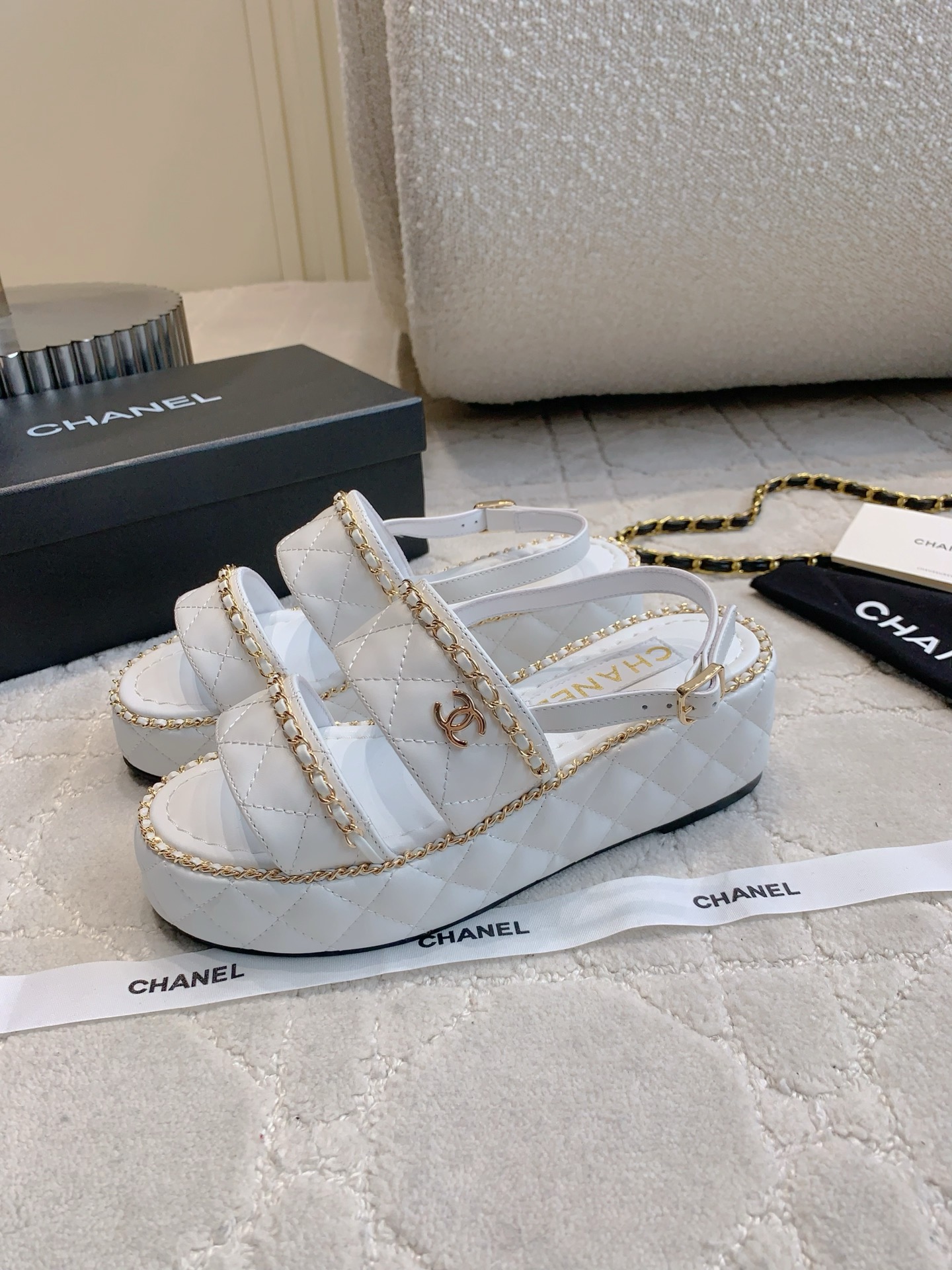 Chanel White Quilted Leather Chain Platform Sandals Size 35-39 (40-41 Custom) 2 i1750137604978 7695 0 1